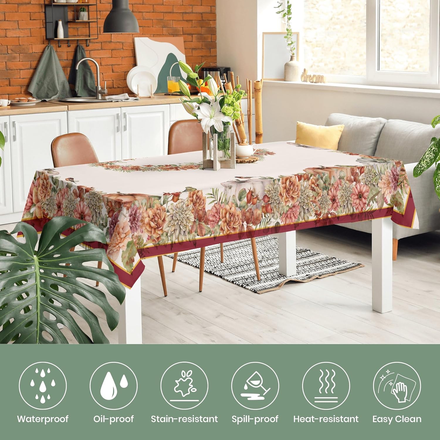 Mantel rectangular de otoño de 60 x 84 pulgadas, decoración de calabaza floral otoñal, decoración de Acción de Gracias para fiestas, hogar, cocina,