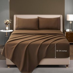DengChao Juego de sábanas de 4 piezas con bolsillo extra profundo de 1800 hilos, microfibra cepillada suave, color marrón, para colchones de 18 a 24 DengChao Juego de sábanas de 4 piezas con bolsillo extra profundo de 1800 hilos, microfibra cepillada suave, color marrón, para colchones de 18 a 24