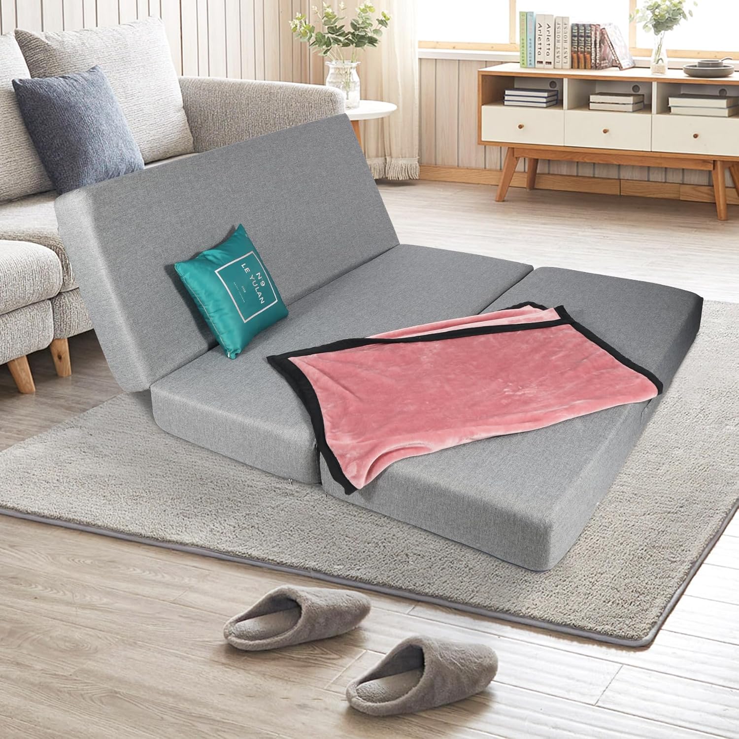 Colchón plegable de espuma viscoelástica, cubrecolchón de triple pliegue de 6 pulgadas con funda transpirable y lavable, cama de invitados portátil