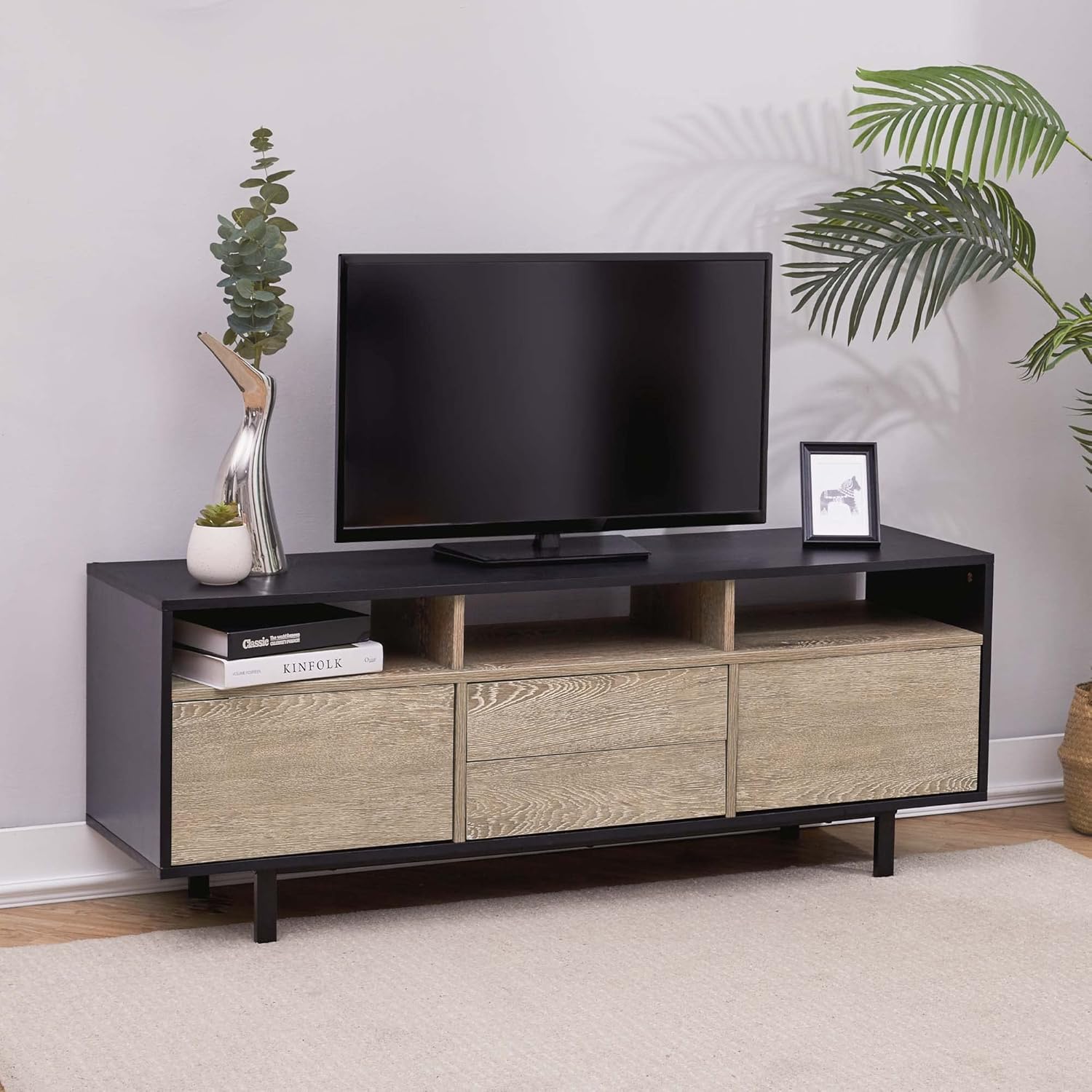 Teamson Home Bryson – Centro de entretenimiento de madera moderno de mediados de siglo con patas de metal, color negro y roble