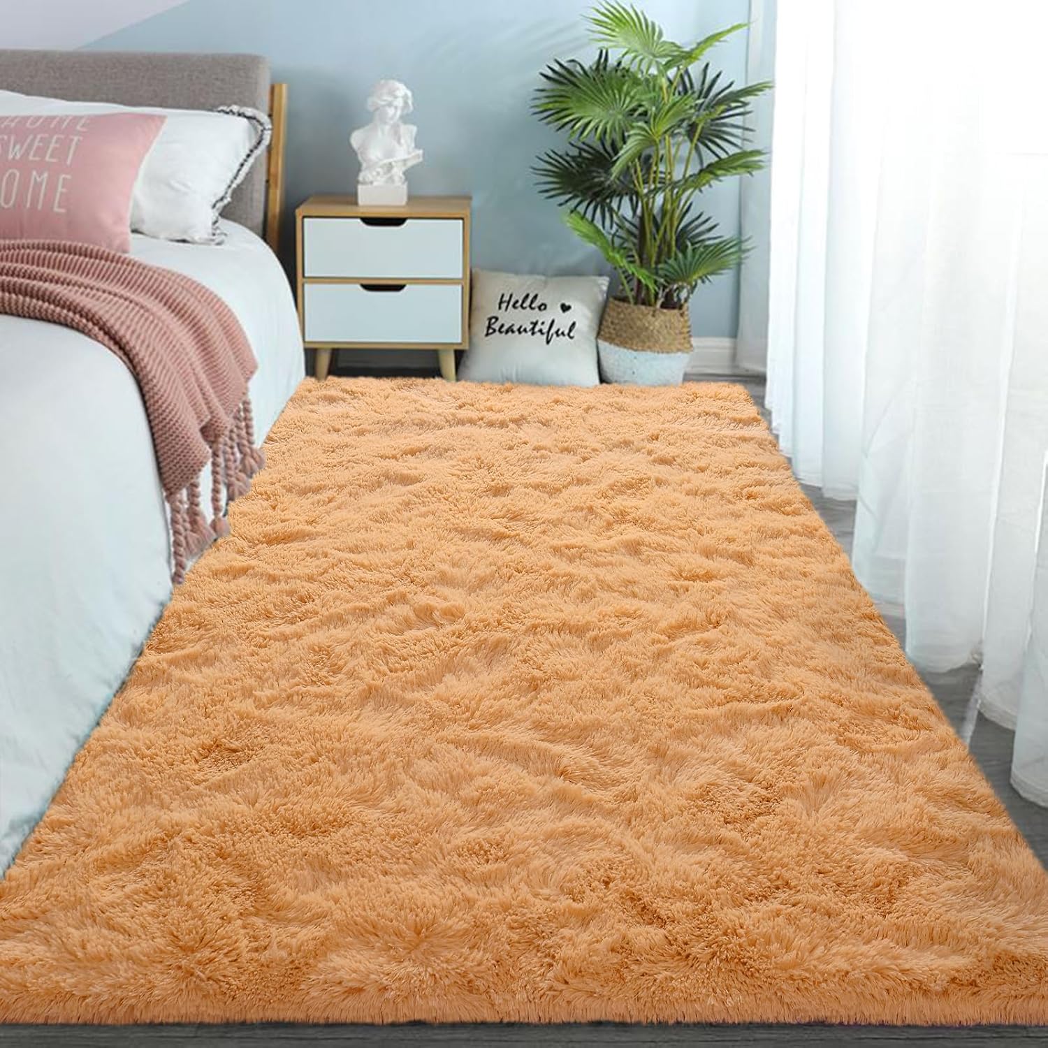 DweIke – Alfombras de área peludas supersuaves y mullidas de 6 x 9 pies, color naranja claro, para sala de estar, dormitorio, habitación de niñas y