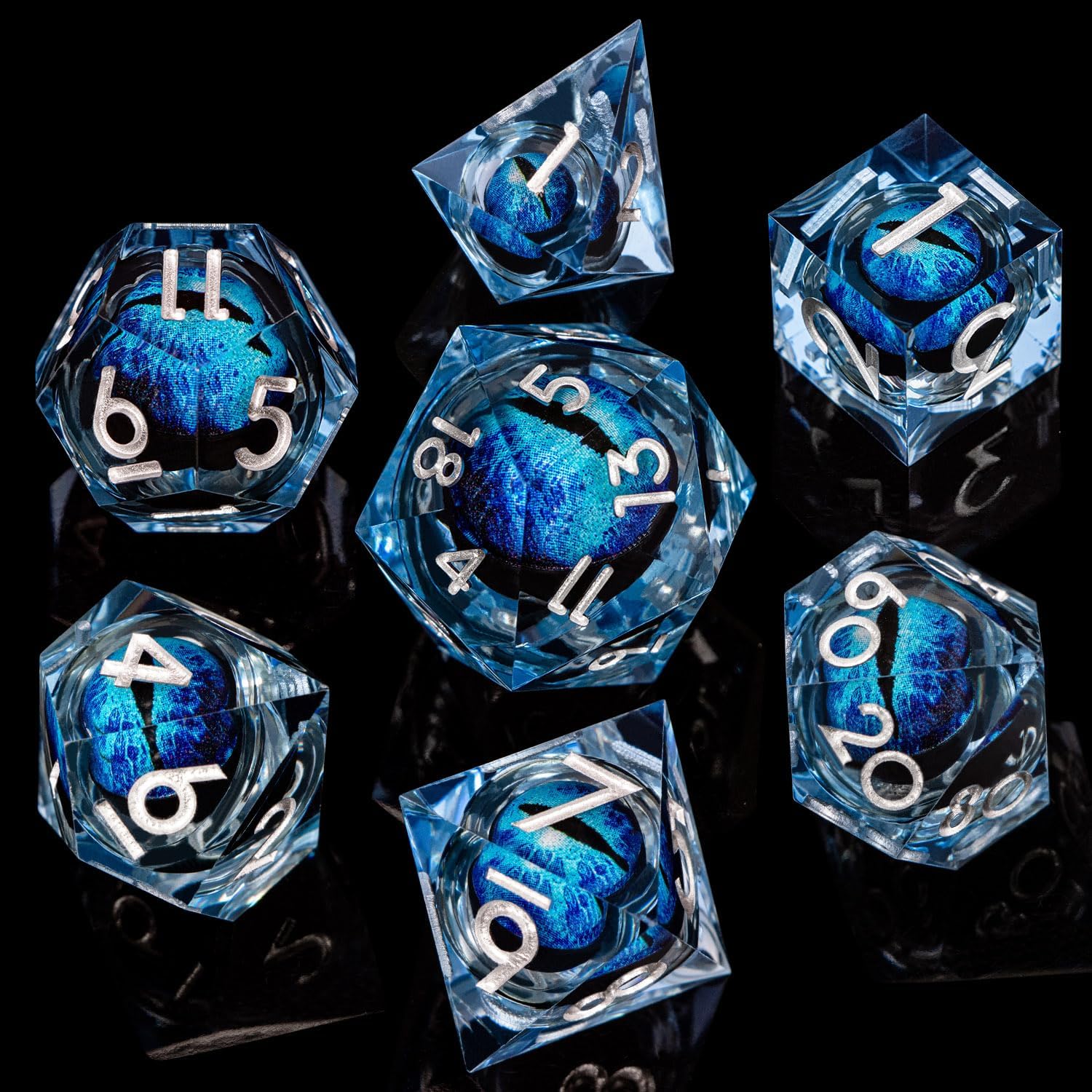 ARUOHHA Juego de dados de ojo de dragón azul DND con núcleo líquido, dados de resina con bordes afilados con caja de regalo, dados poliédricos de