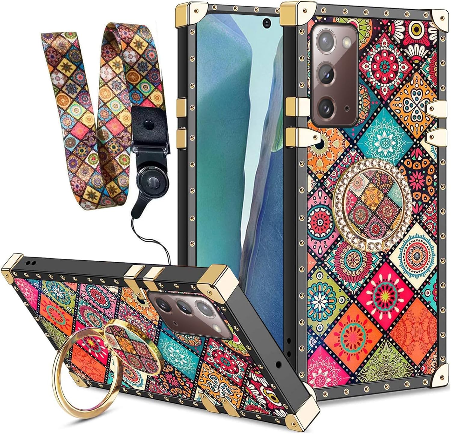 Funda cuadrada para teléfono Samsung Galaxy Note 20 con soporte de anillo y cordón para niñas y mujeres, bohemio, retro, bohemio, mandala, flores