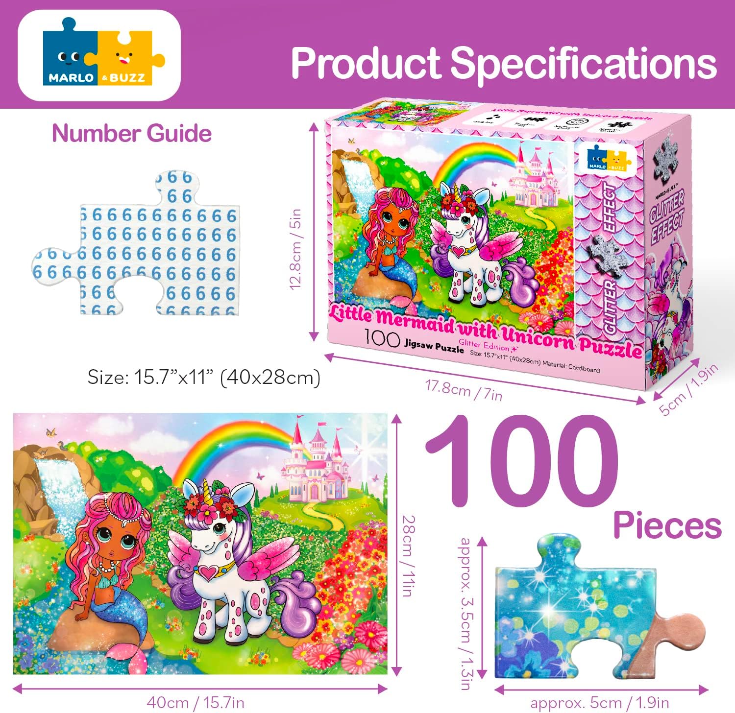 Marlo&Buzz – Rompecabezas con purpurina de 100 piezas rompecabezas de princesa unicornio y sirena diseñados para niños de 4 a 8 años. Piezas grandes
