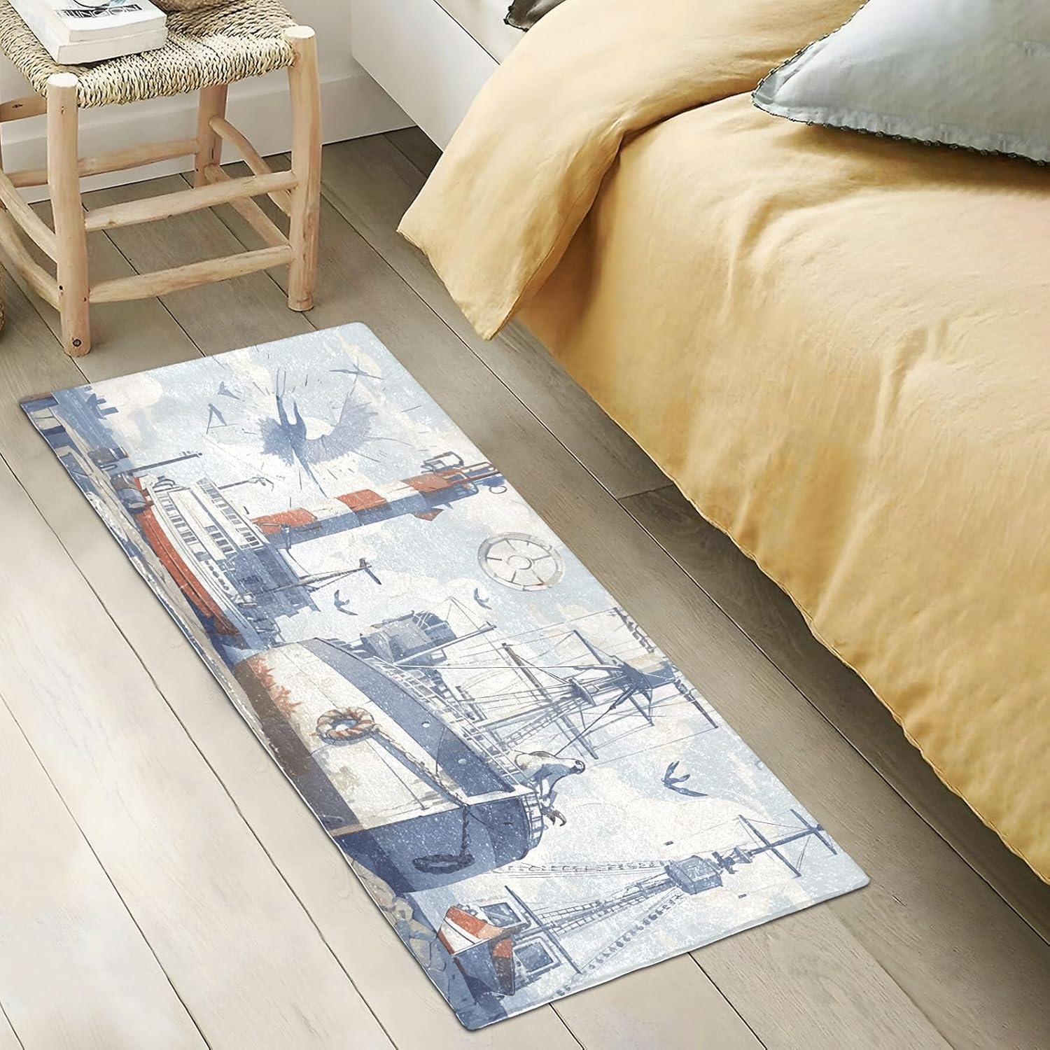 Joisal Alfombras náuticas retro de baño azul y blanco para suelo de baño, lavable a máquina, antideslizante, alfombra de baño con parte trasera de