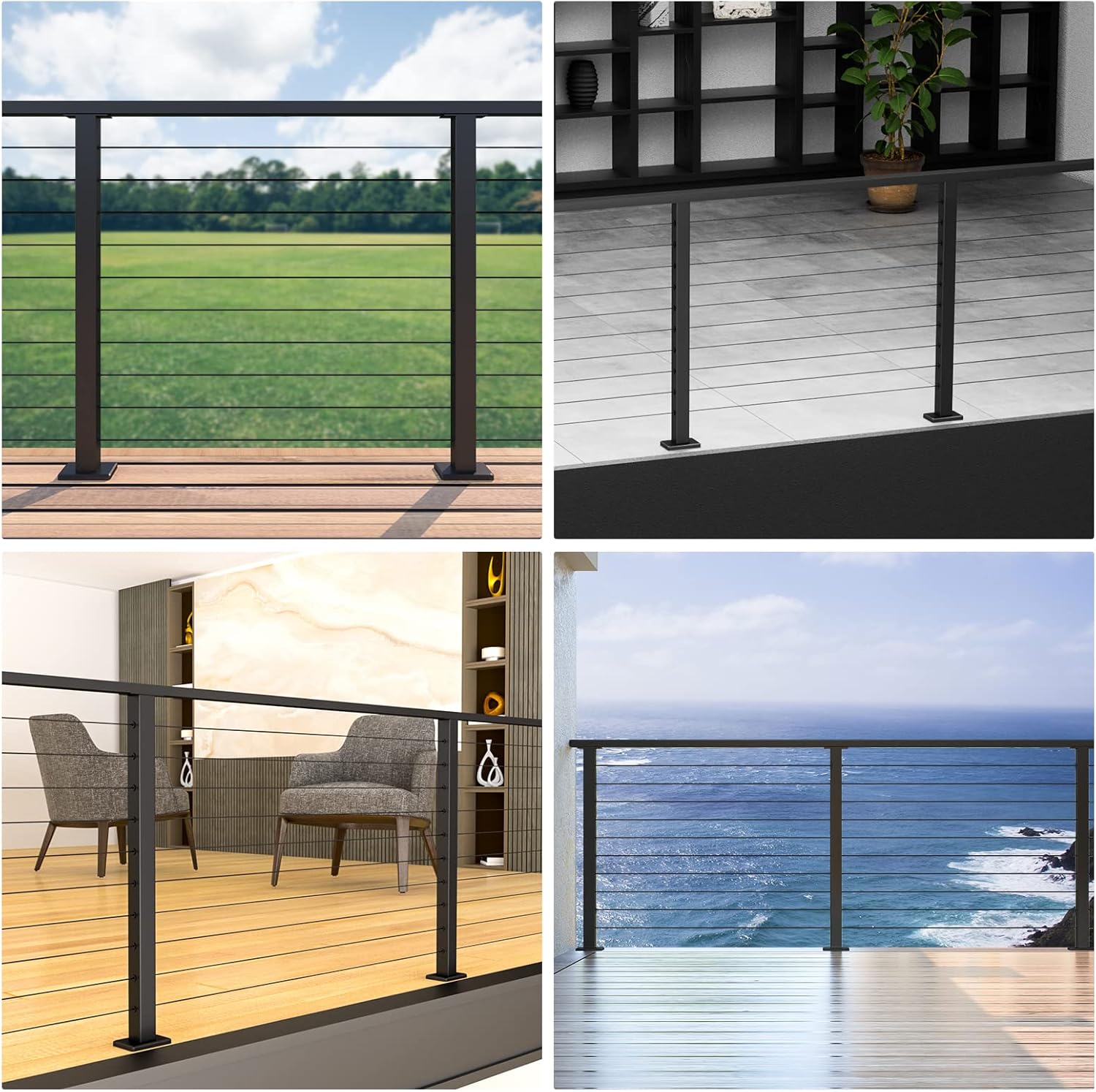 Muzata Poste de aluminio perforado de nivel 36 “X2″x2” Barandilla de cable superior fija Poste Montaje superior ensamblado Cubierta de nivel de