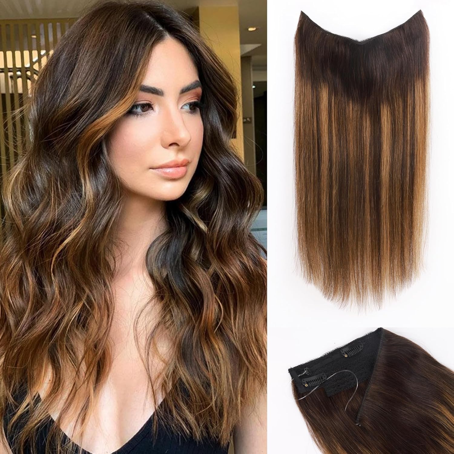 Extensiones de cabello humano real con halo de alambre invisible con alambre transparente, tamaño ajustable, clips de seguridad extraíbles en la