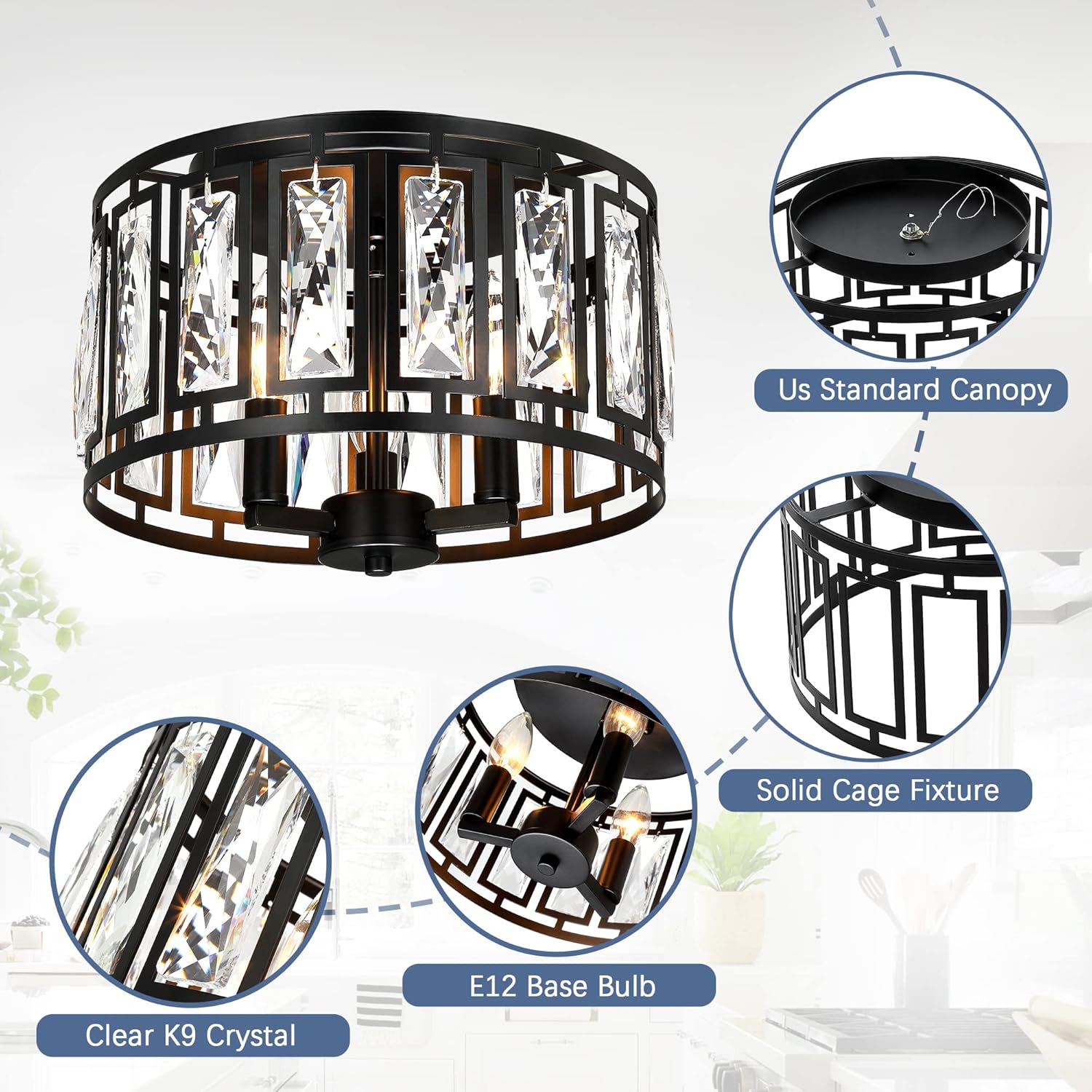 Lámpara de techo de cristal empotrada para dormitorio, isla de cocina, lámpara de techo negra de 3 luces para comedor