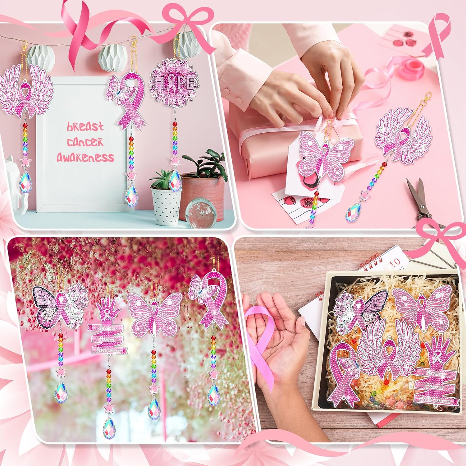 Tradder Juego de 6 piezas de pintura artística de diamante, campanillas de viento, concienciación sobre el cáncer de mama, kit de pintura de arte de