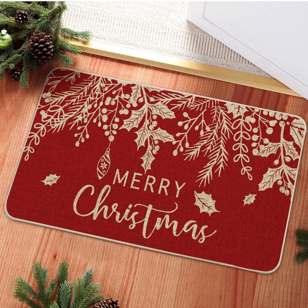 Artoid Mode Red Holly – Tapete de muérdago con texto en inglés “Merry Christmas”, decoración del hogar de invierno de Navidad, tapete de bajo
