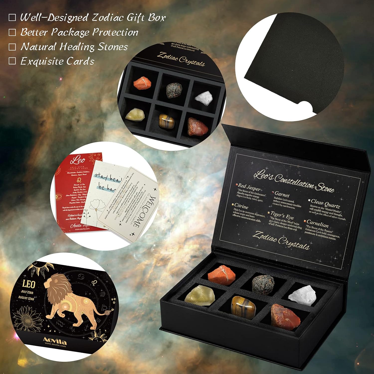 Leo Crystals – Juego de regalo de cristales curativos de signos del zodiaco, piedras de nacimiento con horóscopo, juego de caja de cristales de