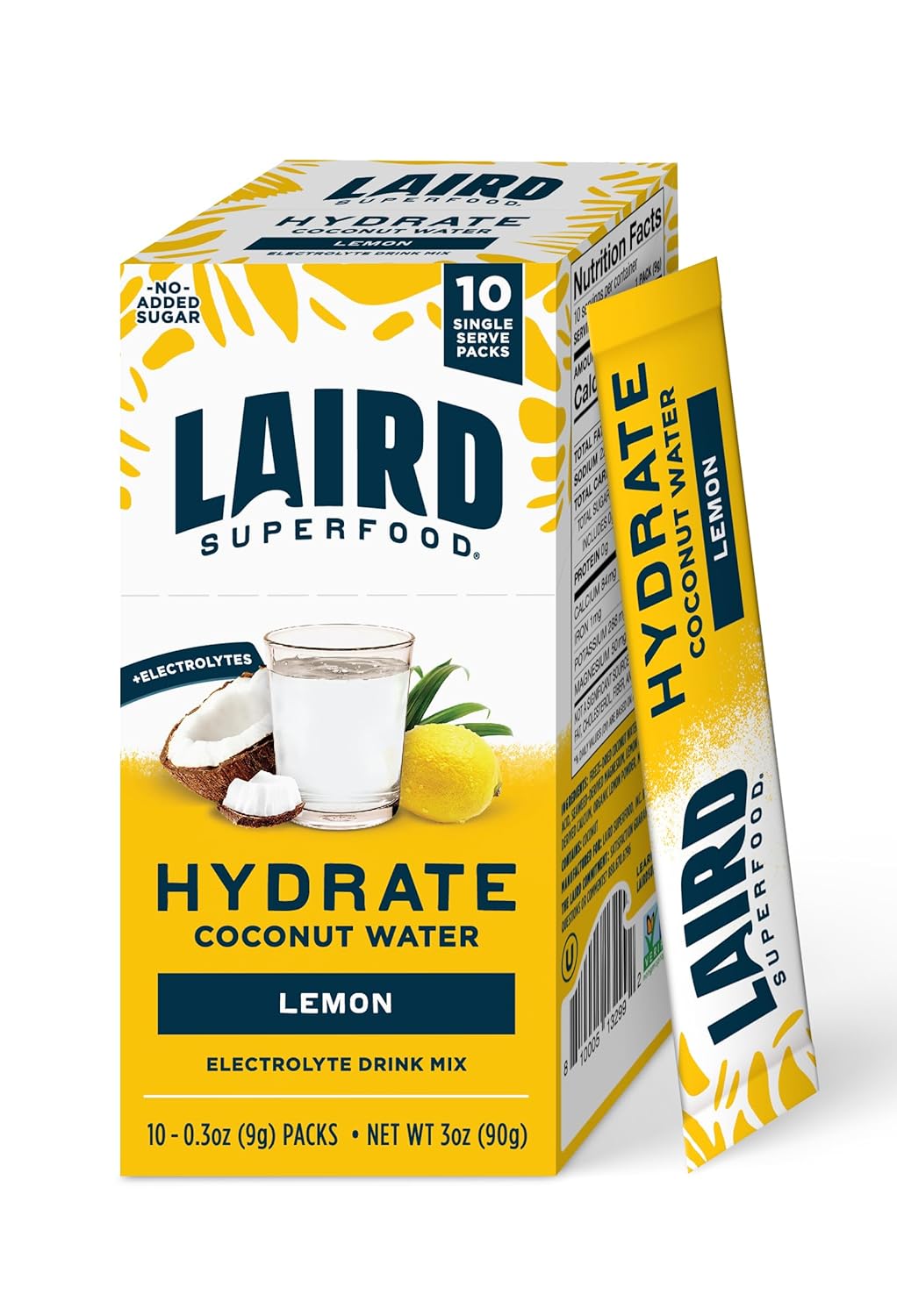 Laird Superfood Hidrata agua de coco  Mezcla de bebida con electrolitos  Limón, 10 palitos individuales  0.00 oz de azúcar añadido  Sin ingredientes