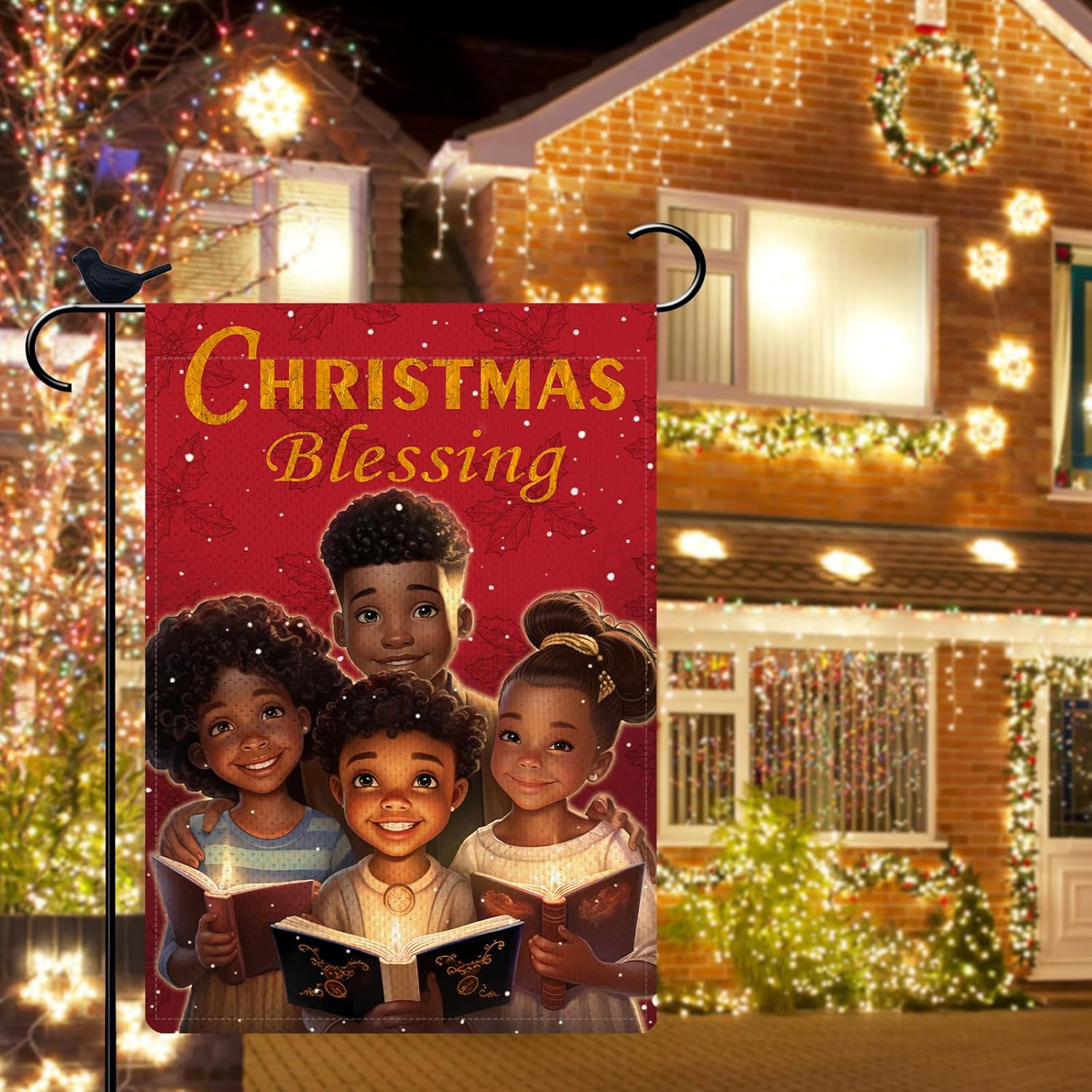 Decoraciones de bendición de niña negra, bandera de jardín de arpillera de feliz Navidad, 12 x 18 pulgadas, doble cara, villancicos de Navidad