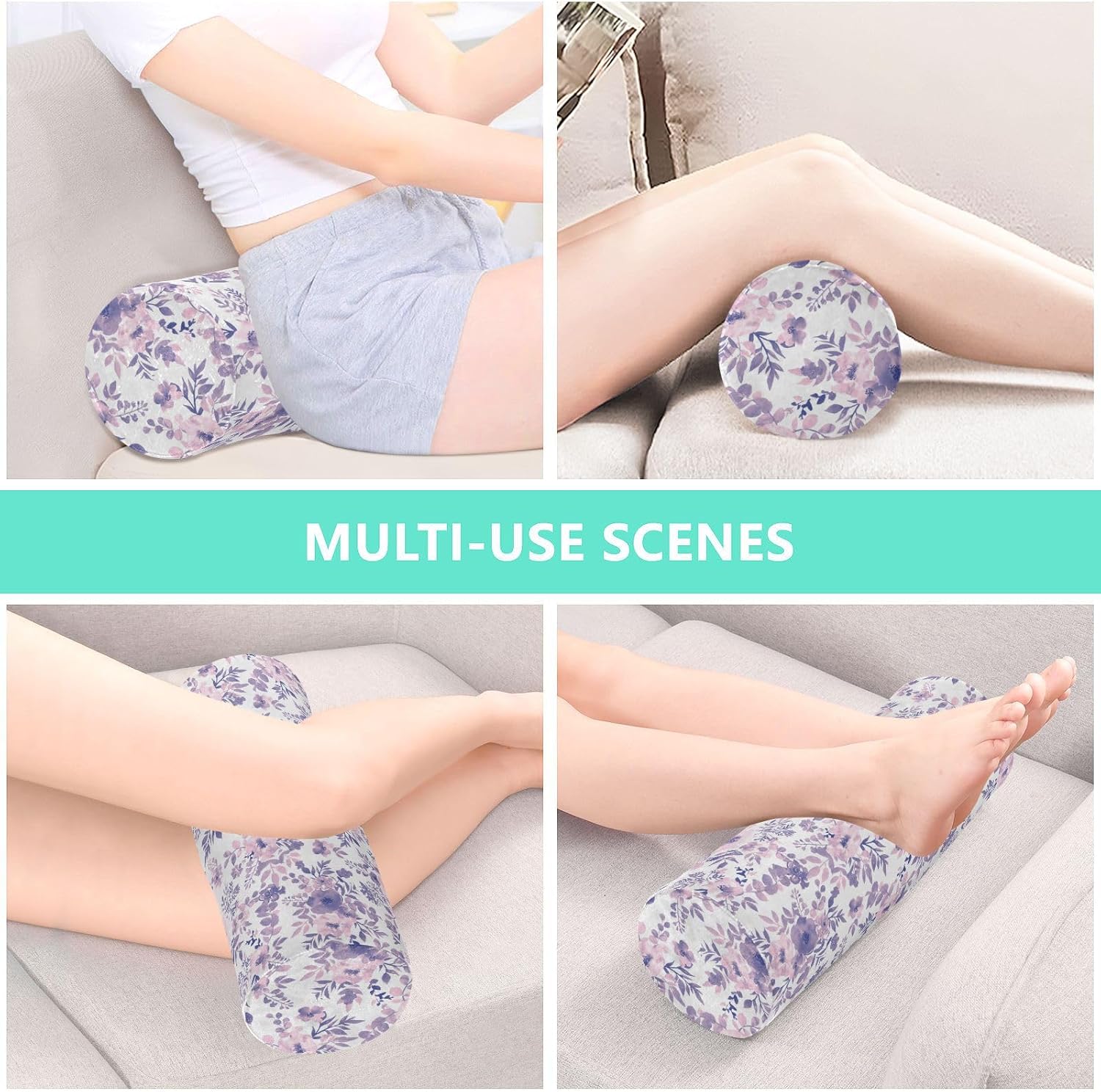 FRODOTGV Purple Floral Industrial Knee Bolster Pillow for Legs Neck Roll Pillows Round Pillows Decorative Foam Cylinder Pillow Knee Support Pillow