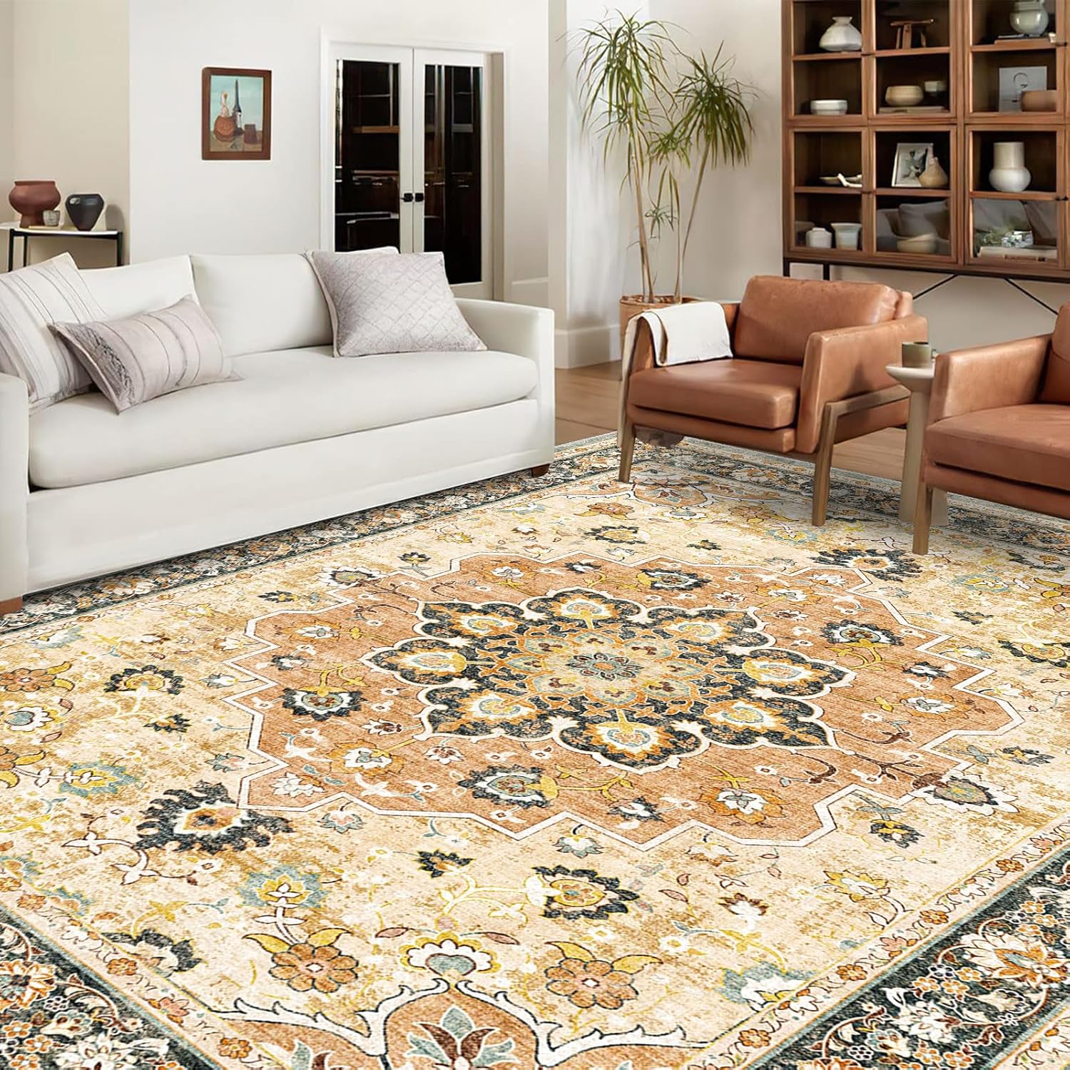 Alfombra oriental lavable de 9 x 12 pies, alfombra suave para sala de estar, dormitorio, impermeable, floral, envejecida, resistente a las manchas,