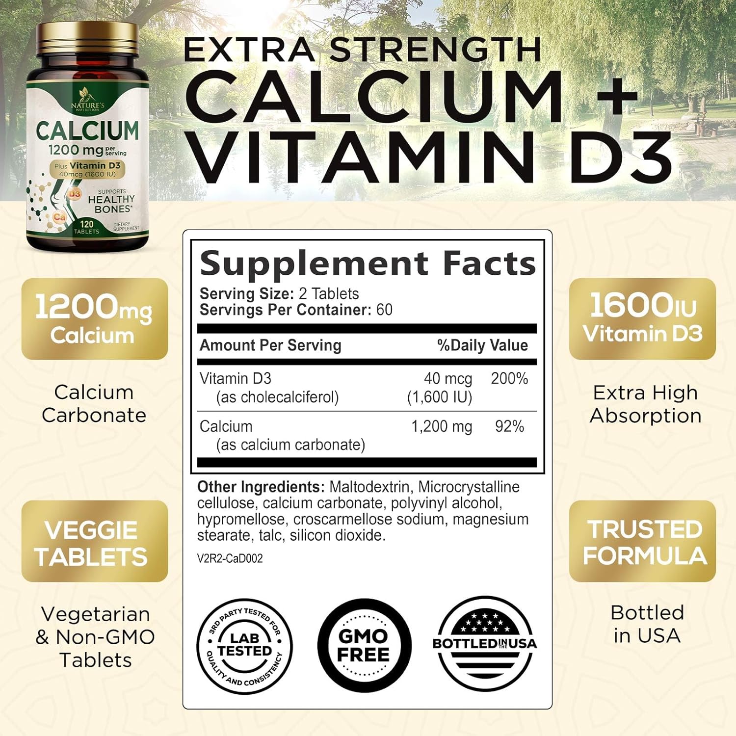 Calcio 1200 mg con vitamina D3, suplemento dietético para apoyo óseo y dental, suplementos de calcio para mujeres y hombres, carbonato de absorción