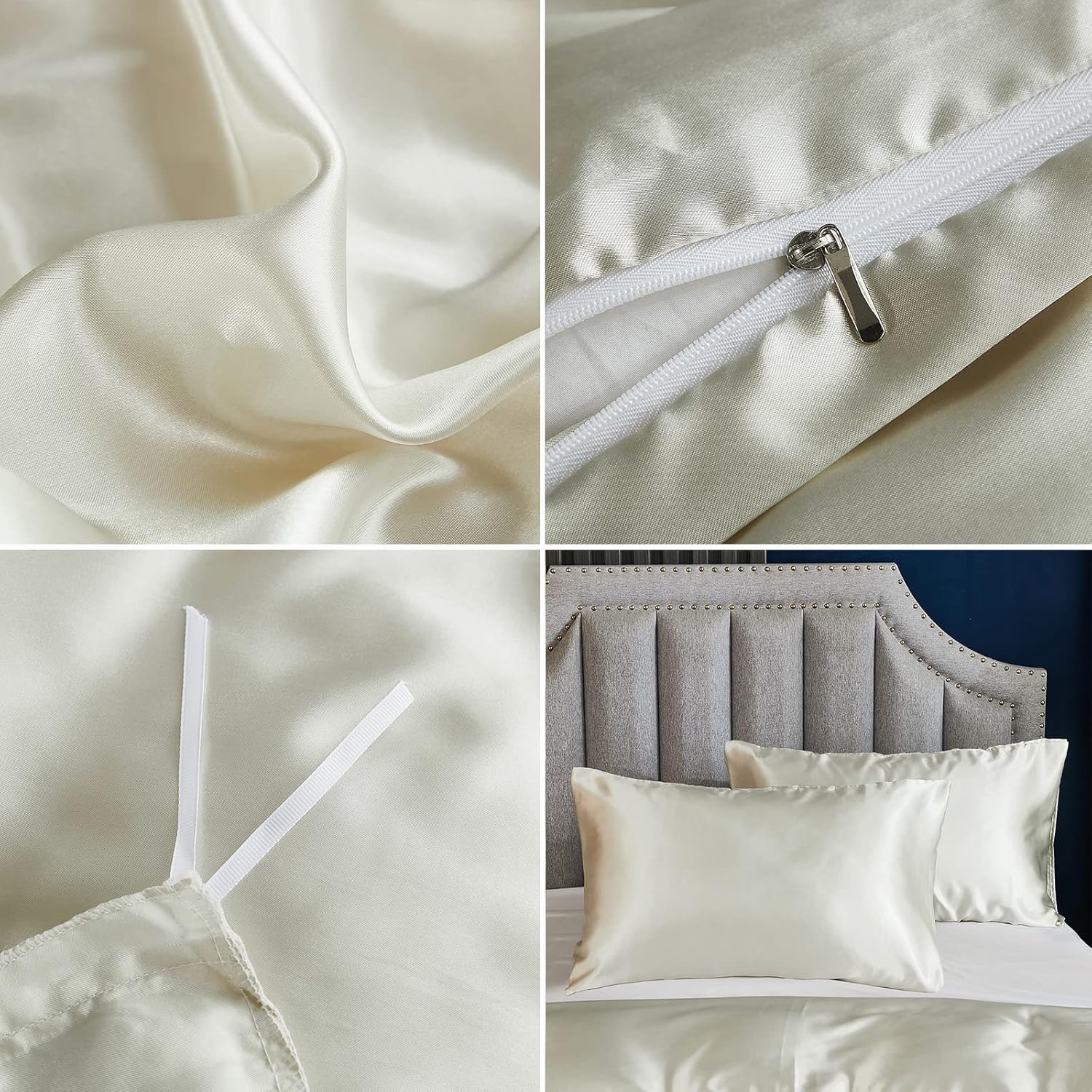Juego de funda de edredón de satén beige crema, ropa de cama sedosa de lujo, ropa de cama sedosa de microfibra beige y gris, juego de ropa de cama