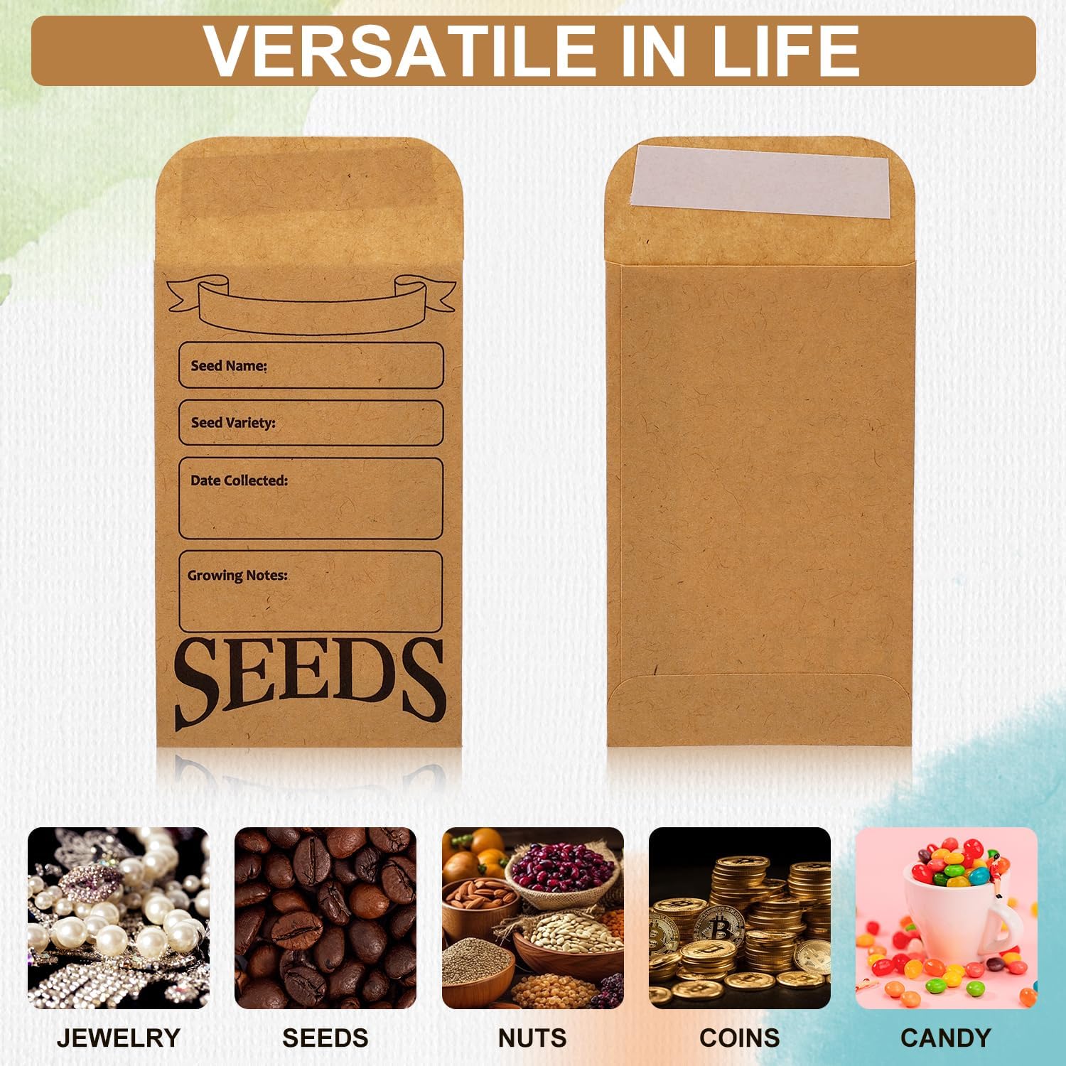 200 sobres de semillas, bolsa de papel reutilizable autosellante para almacenamiento de semillas impresa con tipos de plantillas de nombre pequeños