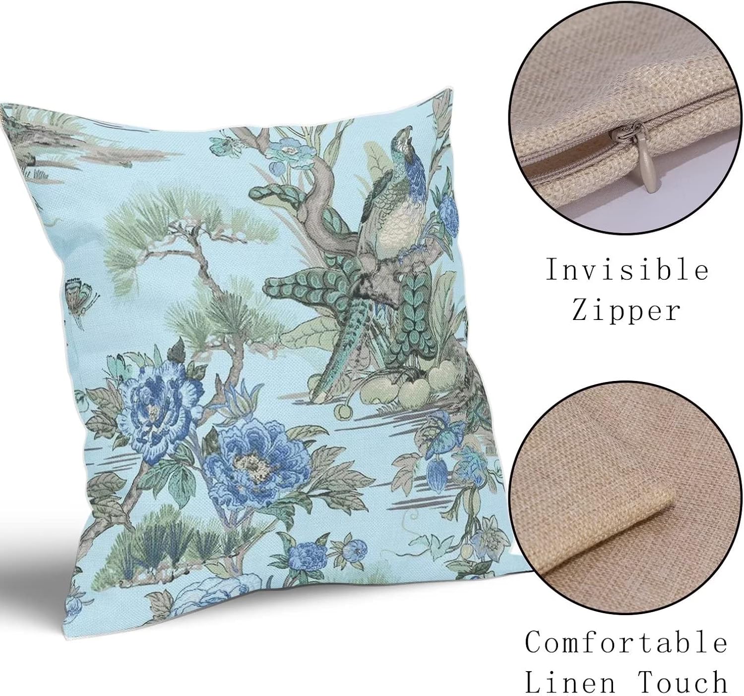 Juego de 2 fundas de almohada de 18 x 18 pulgadas con diseño de flores azules y pájaros, fundas de almohada decorativas de lino con acuarela