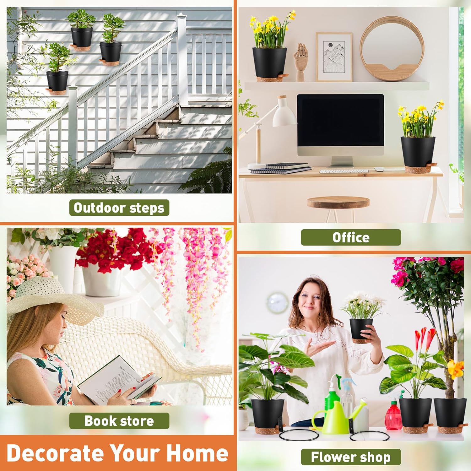 12 juegos de macetas de pared para plantas de interior de 6 pulgadas, con riego automático, 12 macetas de metal dorado con anillo de soporte y