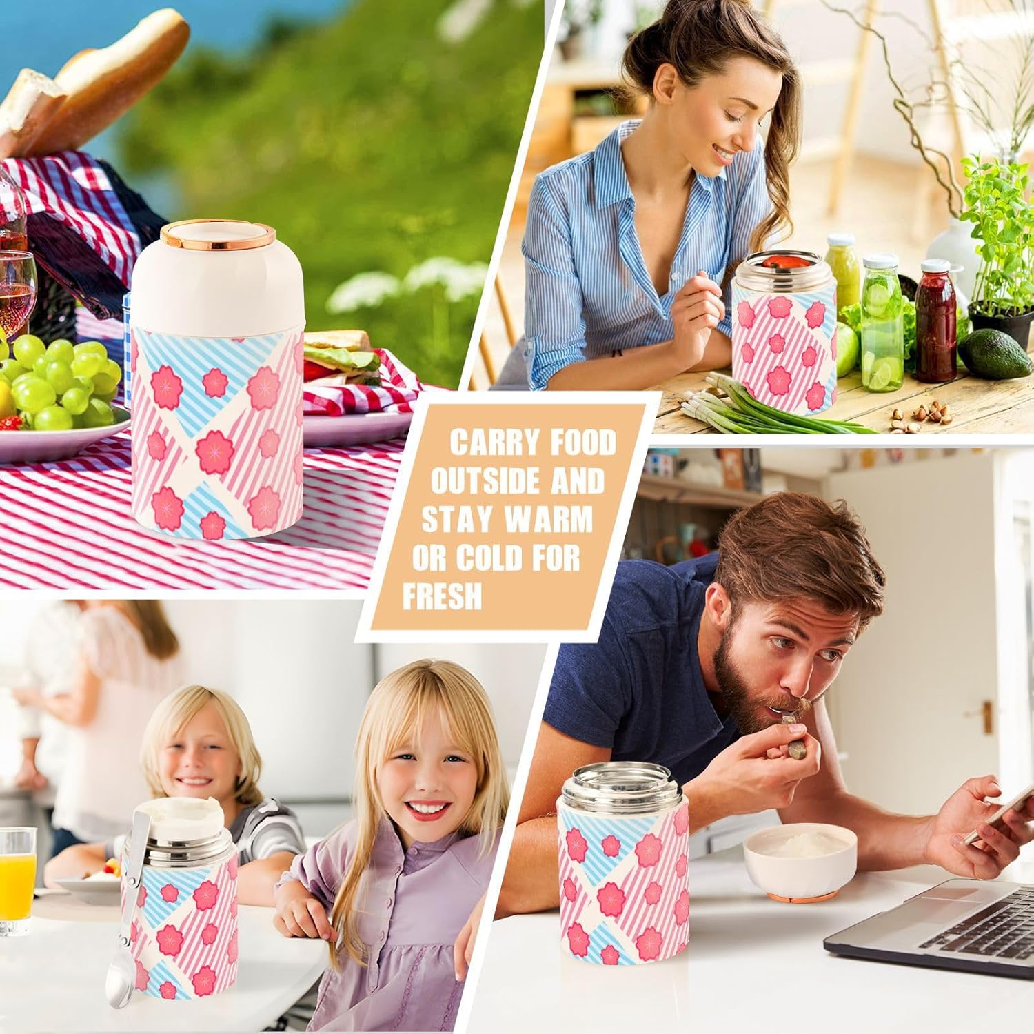 Pink Flowers Strip Boho Kids Womens Insulated Food Jar Container with Spoon 17oz500ml Soup Containers With Lids Stainless Steel Vacuum Keep Warm