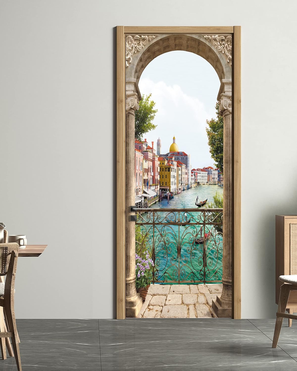 FLFK Calcomanía para puerta  Ciudad del agua italiana, mural de despegar y pegar, tamaño combinado 36 x 80 pulgadas, dividido en 2 piezas