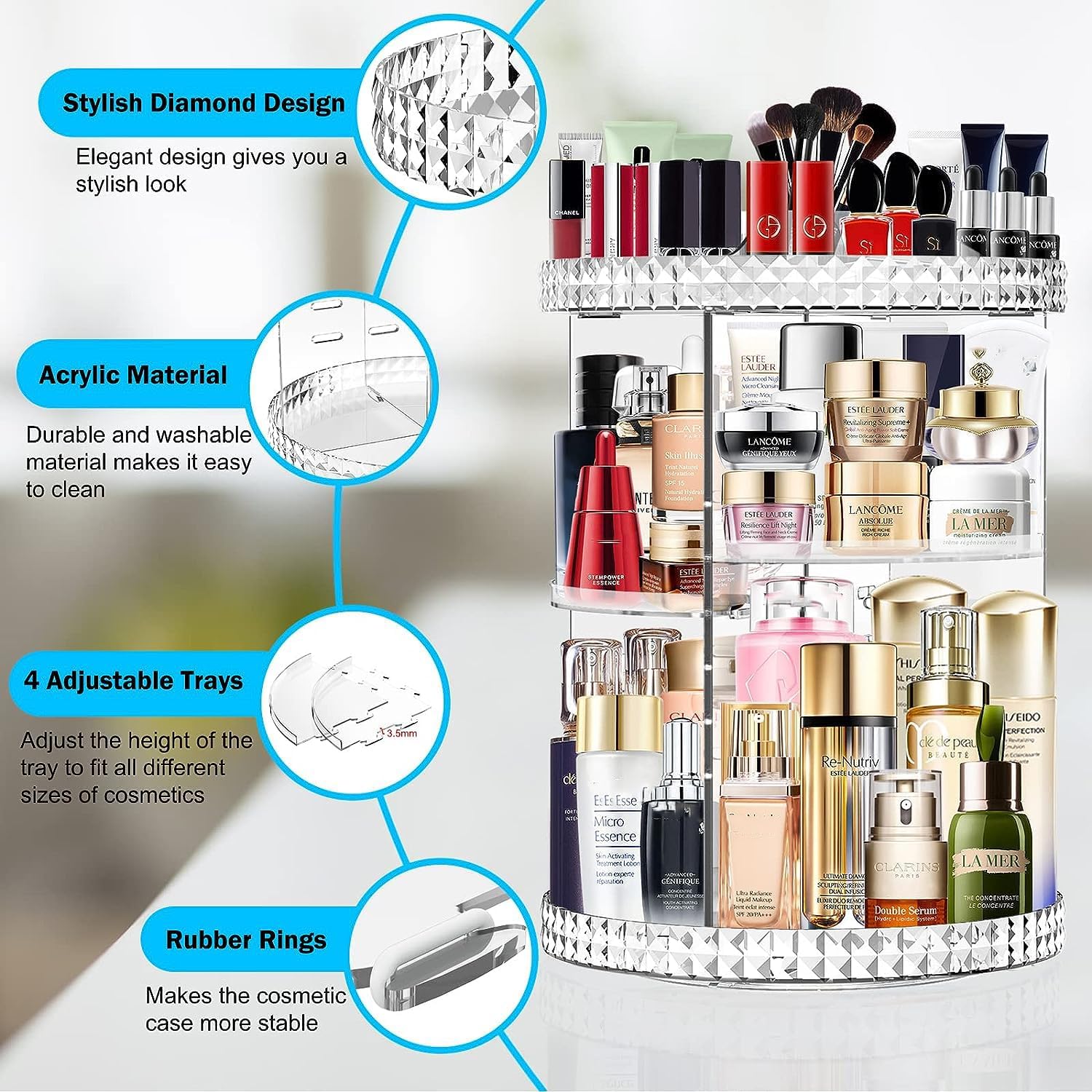 ZHIAI Organizador de maquillaje giratorio de 360, organizador de cosméticos de gran capacidad para soporte de perfume, organizador de encimera,