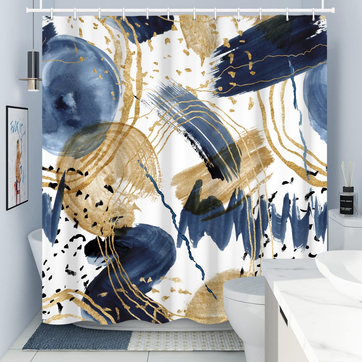 Cortinas de ducha abstractas bohemias, de 60 pulgadas de ancho x 72 pulgadas de alto, color azul marino y dorado, cortinas de ducha para baño,
