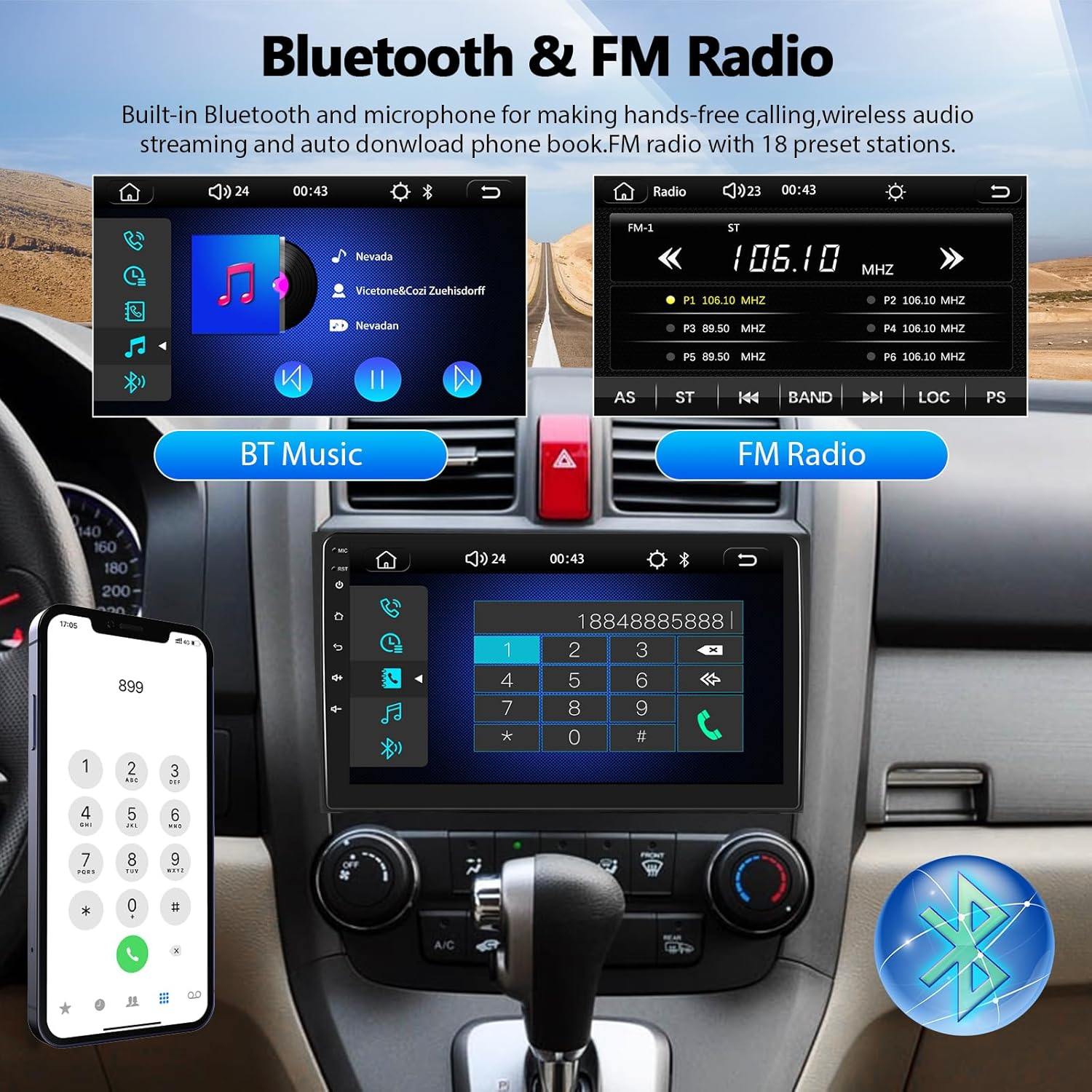 Reproductor MP5 estéreo para Honda CRV 2007-2011 Radio de coche con Apple Carplay Android Auto Mirror Link, 9 pulgadas pantalla táctil Radio de