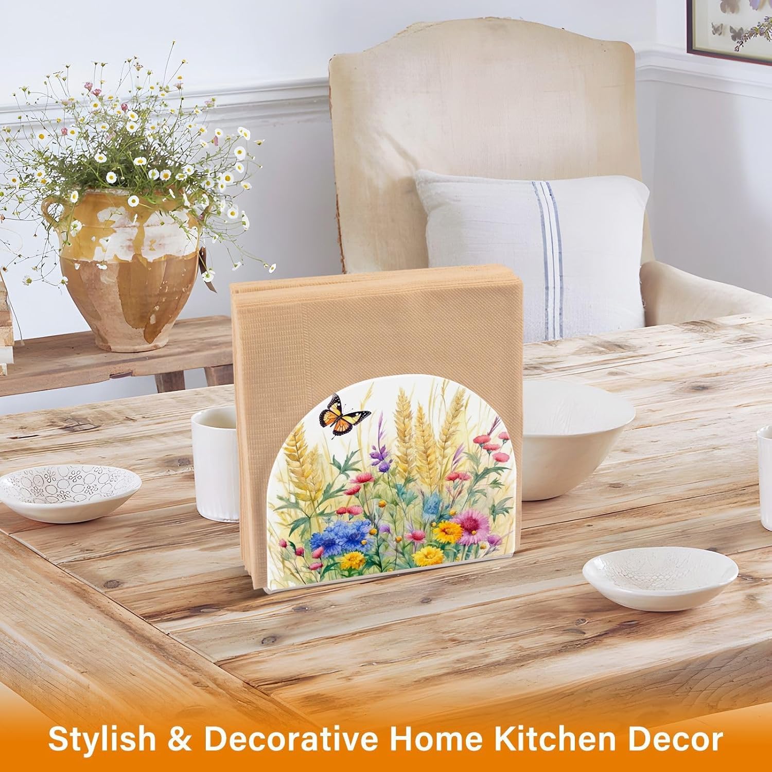 Napkin Holder Rustic Wildflowers Butterfly Napkin Holders for Tables, Clear Acrylic Napkin Holders Cocktail Napkin Holder for Kitchen Restaurant Bar