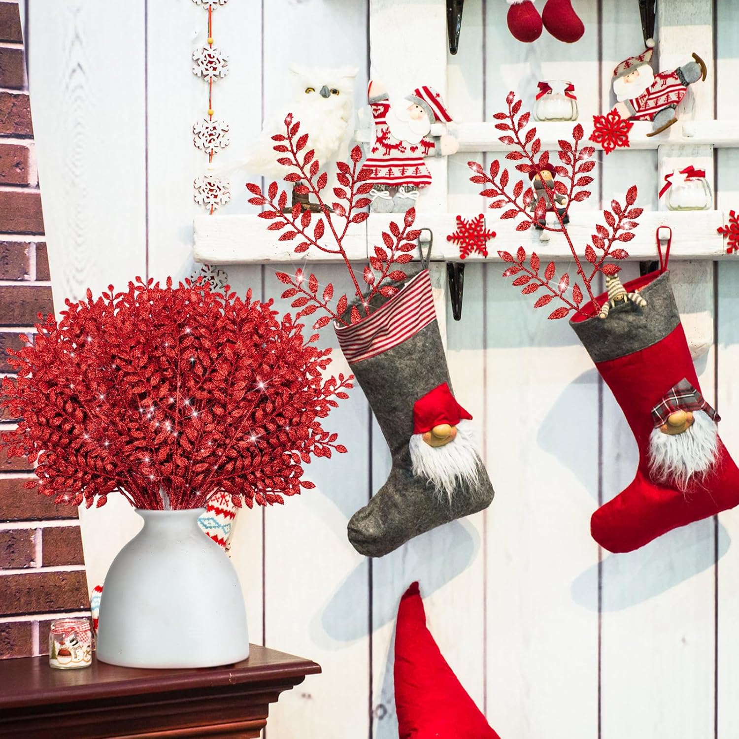100 púas artificiales de Navidad con purpurina de 14.6 pulgadas, diseño de hojas brillantes, para árbol de Navidad, coronas de invierno, para