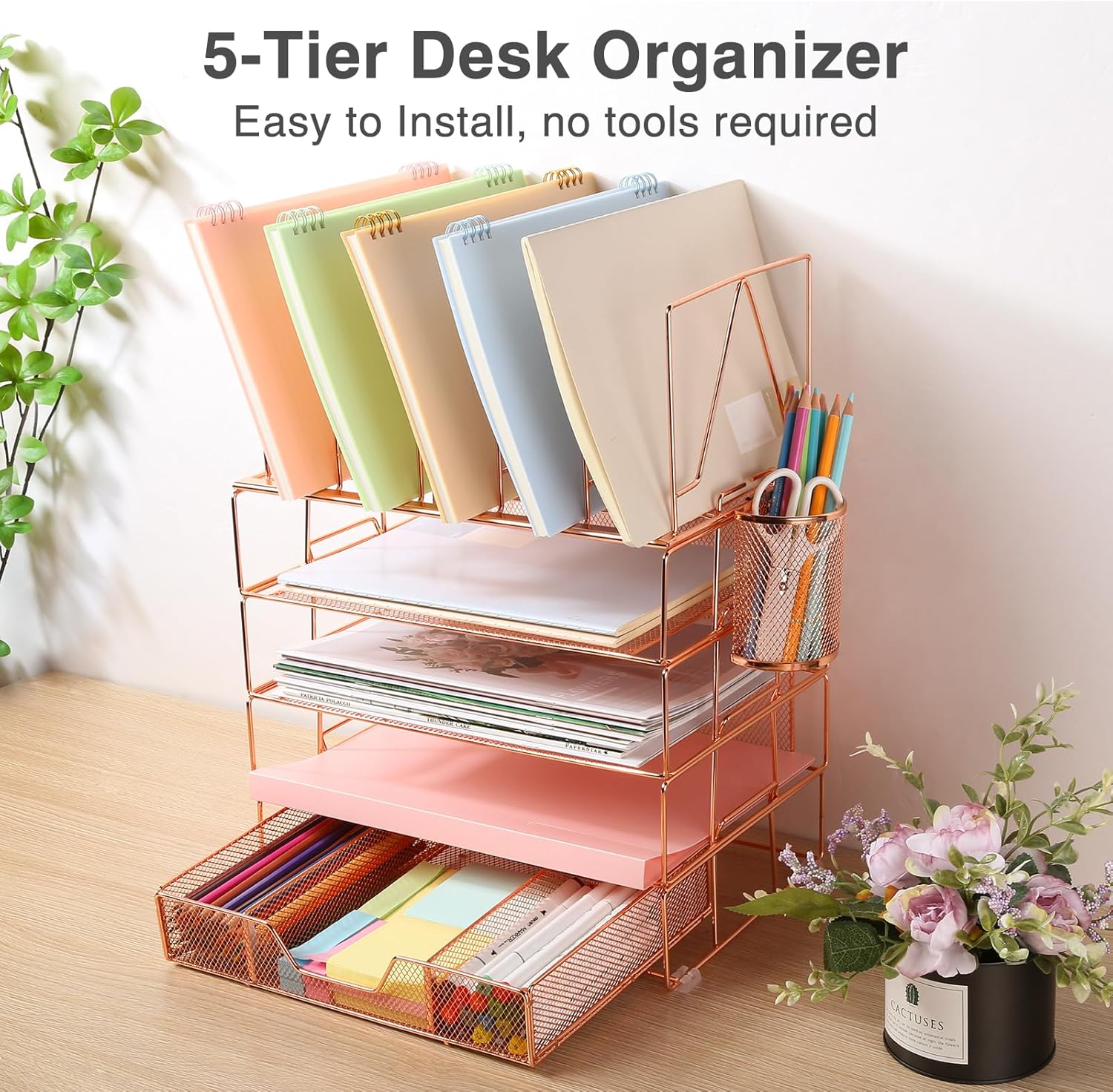 Housmile Organizador de escritorio, organizadores de escritorio de 5 niveles y accesorios con clasificadores de archivos, bandeja de papel, cajón y