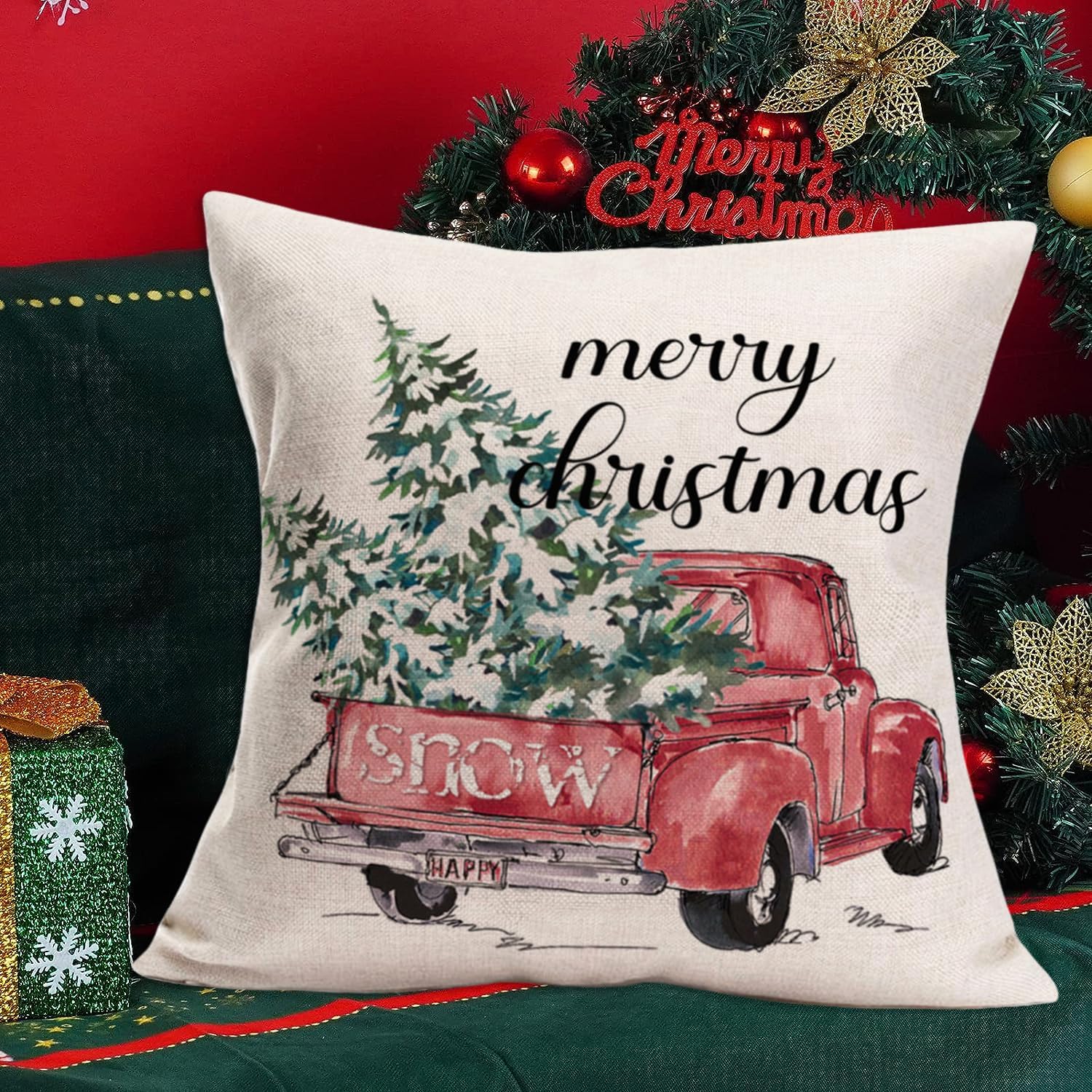MEHOTOP Funda de almohada decorativa de Navidad de 16 x 16 pulgadas, tamaño estándar, camión de nieve rojo, árbol de Navidad, fundas de almohada con
