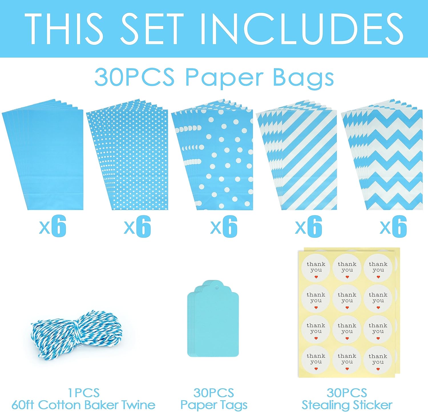 SMINTINE Paquete de 30 bolsas de regalo azules con calcomanías de agradecimiento, etiquetas de papel, cuerda de algodón azul para panaderos, 5 x 3 x