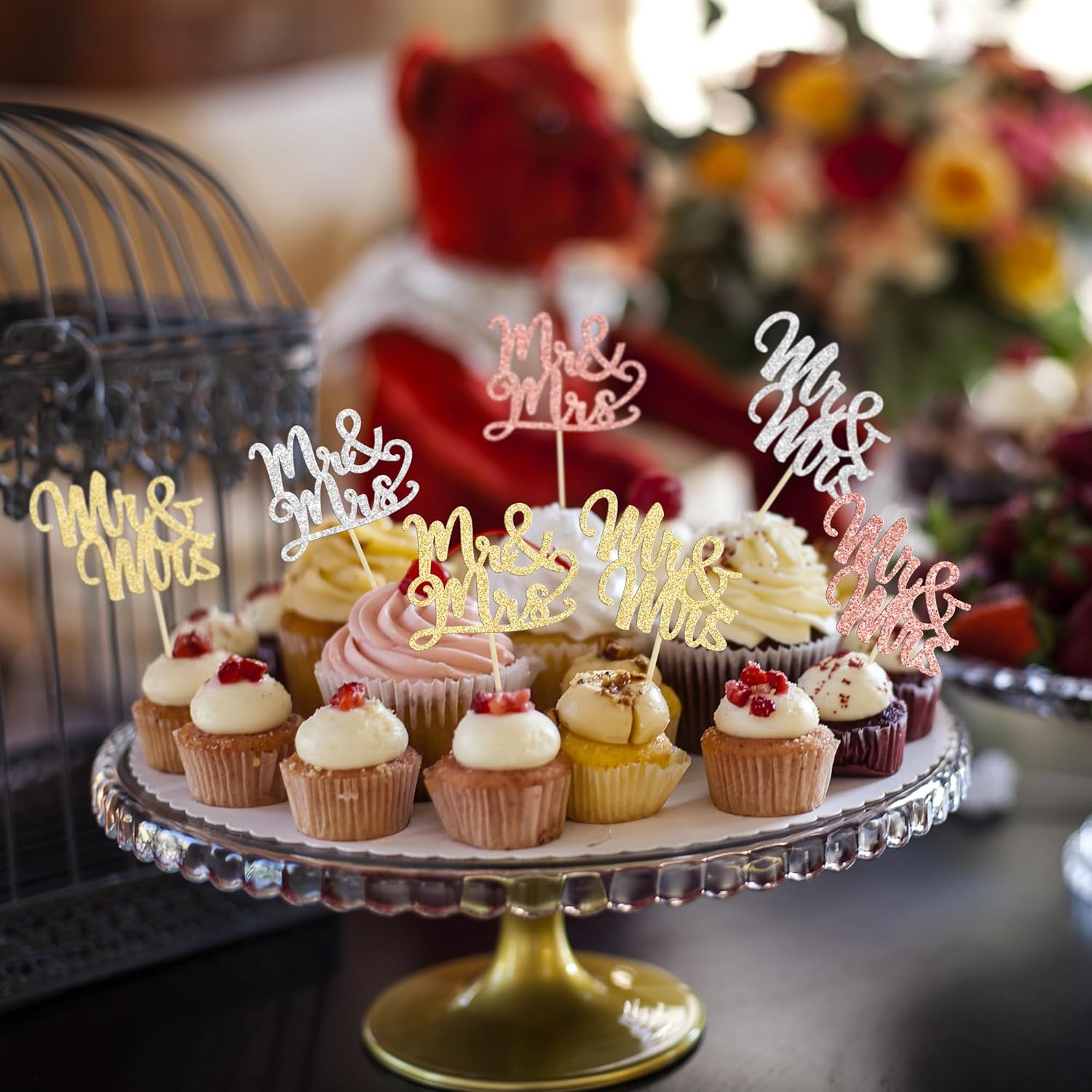 Gyufise 36 piezas de decoración para cupcakes Mr & Mrs con purpurina para despedida de soltera, para boda, compromiso, cumpleaños, aniversario,