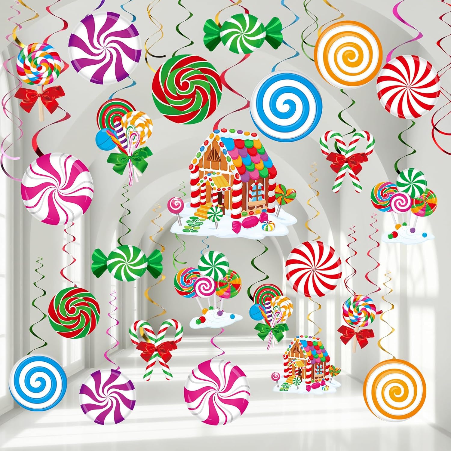 Namalu 54 piezas de remolinos colgantes de caramelo, decoración de bastón de caramelo de Navidad, remolino colgante de techo, adornos coloridos de