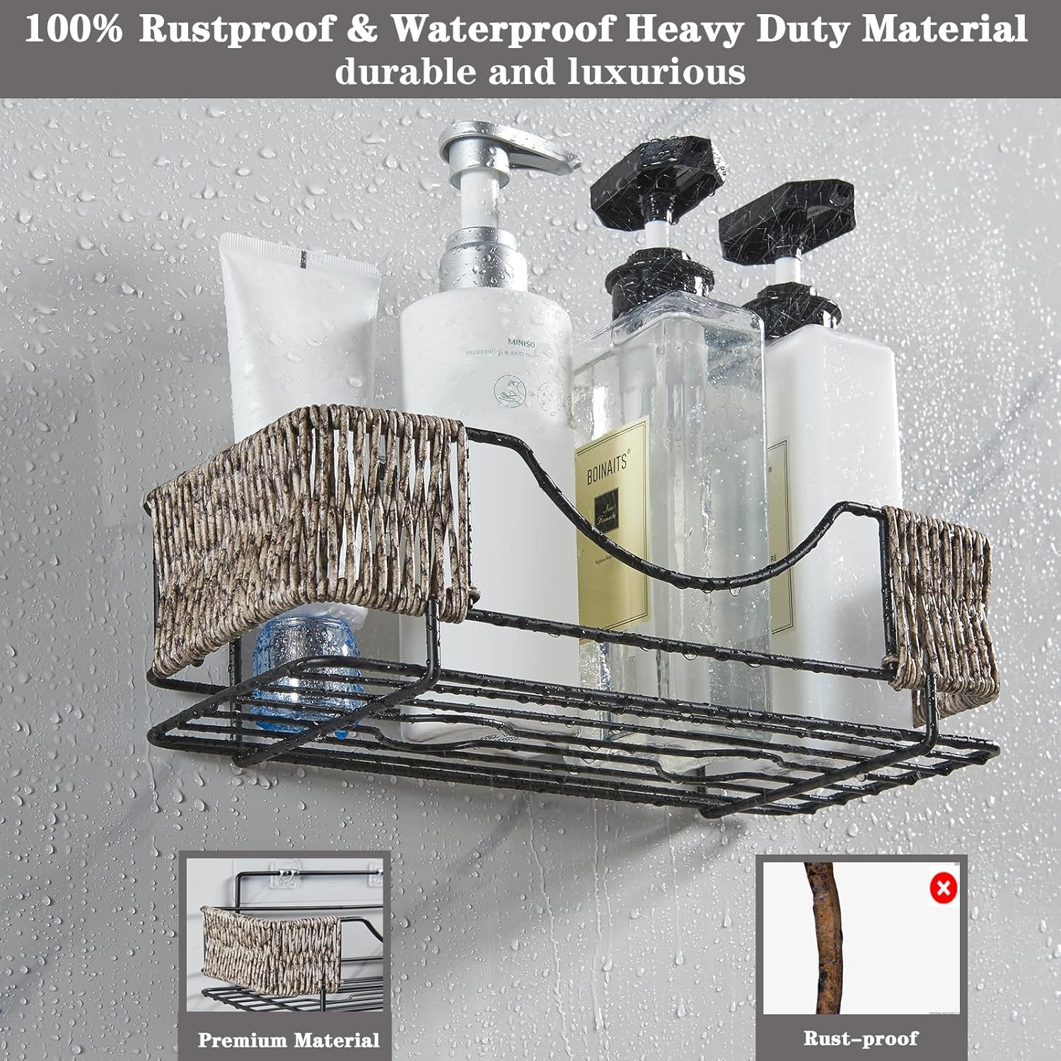 Organizador adhesivo para ducha estantes de ducha de baño de ratán sin perforaciones, soporte para champú a prueba de óxido para pared de ducha,