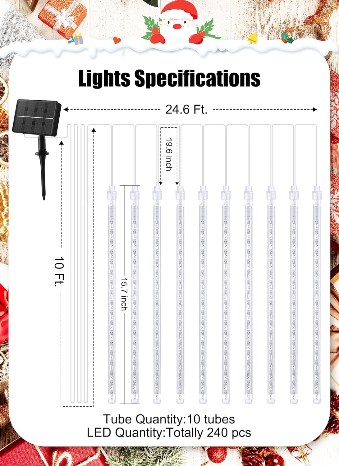 Minetom Paquete de 2 tiras de luces de Navidad para exteriores alimentadas por energía solar, luces de lluvia de meteoritos de 6 pulgadas, 10 tubos,