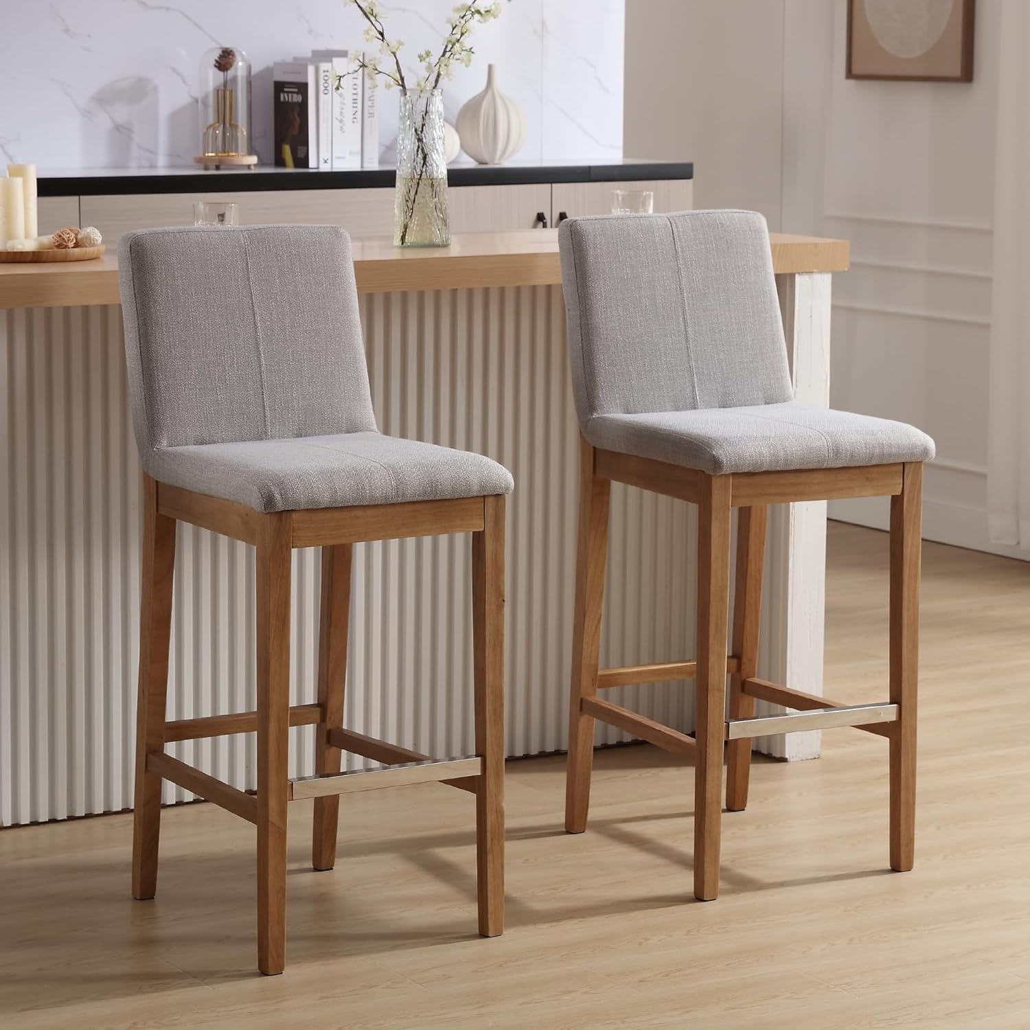 chairus Juego de 2 taburetes de bar altos de tela, taburetes de bar tapizados de lino con patas de madera maciza y respaldo para cocina, isla de