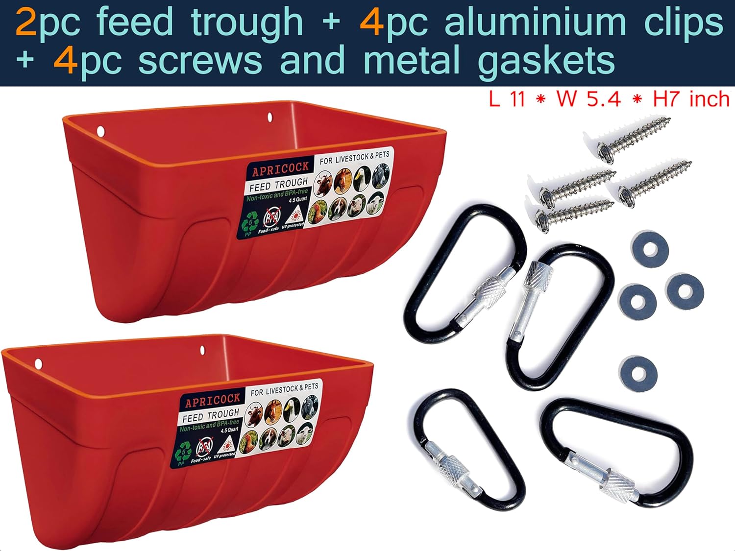 Paquete de 2 canales de alimentación y cubo de agua con clips, para cabras, pollos, patos, ovejas, lechones, ciervos, gansos, pavos, suministros de
