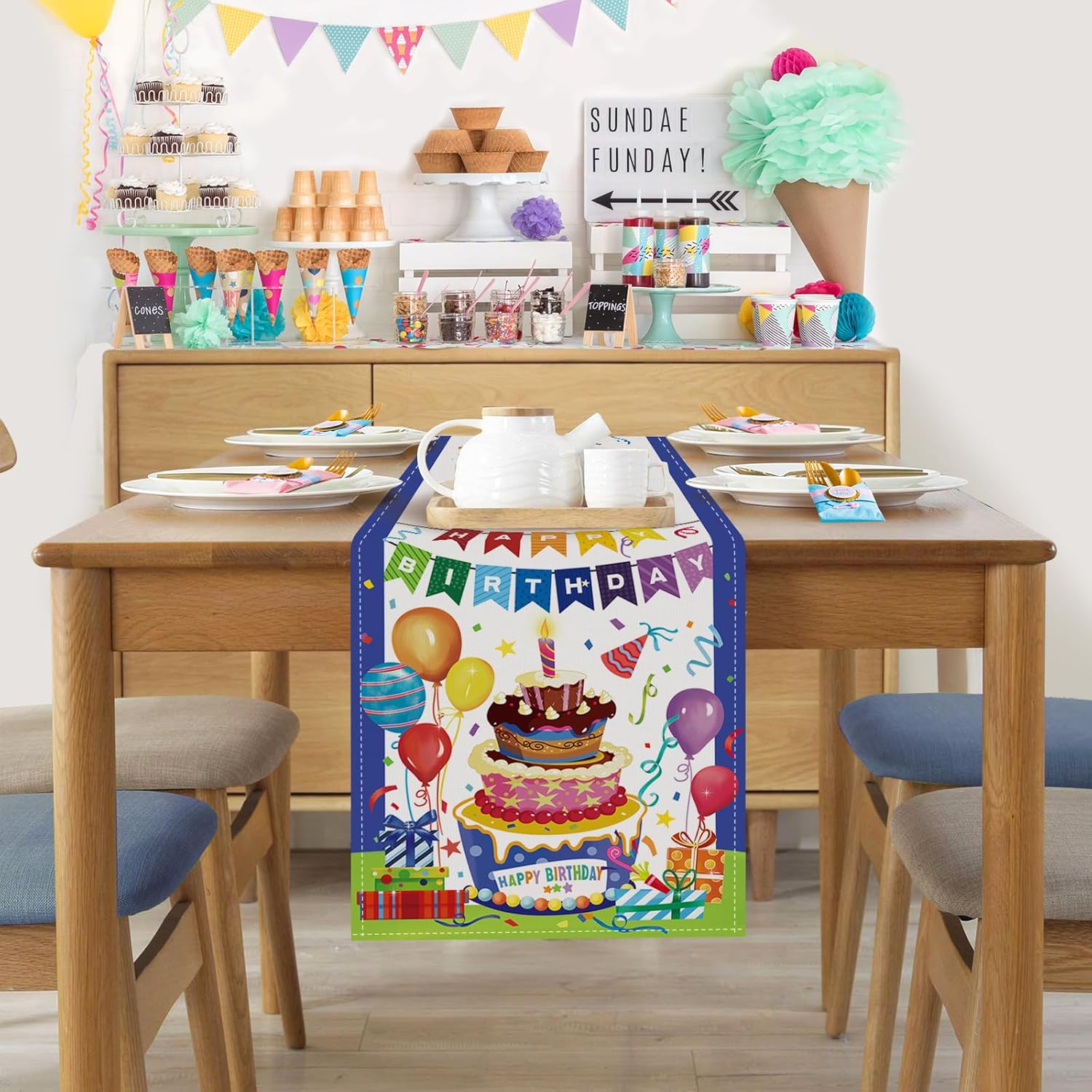 Bonhause Camino de mesa de feliz cumpleaños de 13 x 72 pulgadas, globos para tartas, regalos, cocina, comedor, decoración de cumpleaños para