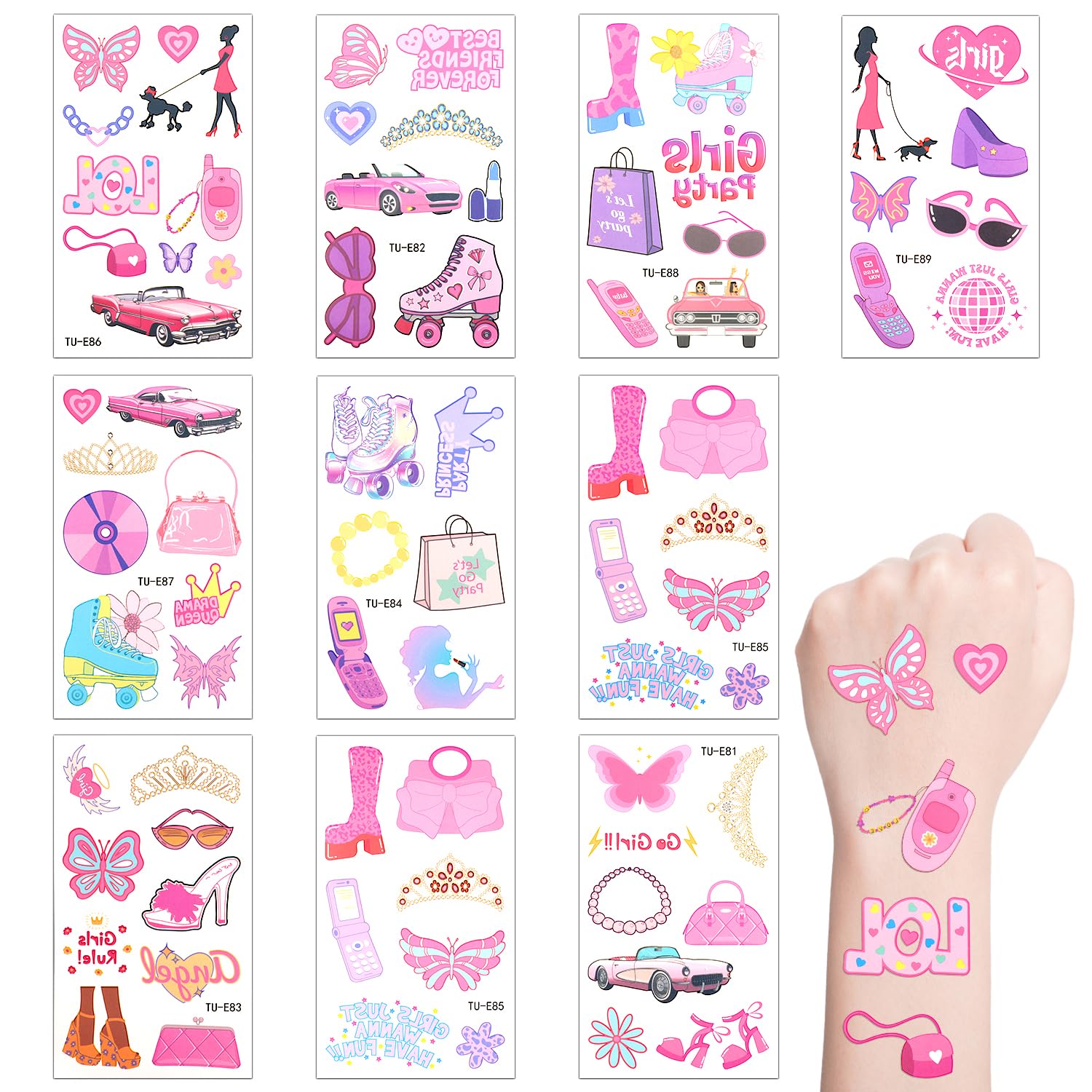 10 hojas de tatuajes temporales rosados para niñas, 77 patrones, tatuajes temporales de despedida de soltera, tatuajes temporales Y2K, recuerdos de