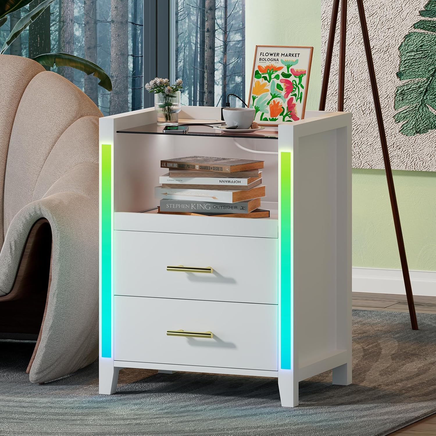 Mesita de noche con estación de carga, luces LED, mesita de noche con estante extraíble y 2 cajones, mesita de noche con mesa de vidrio templado,