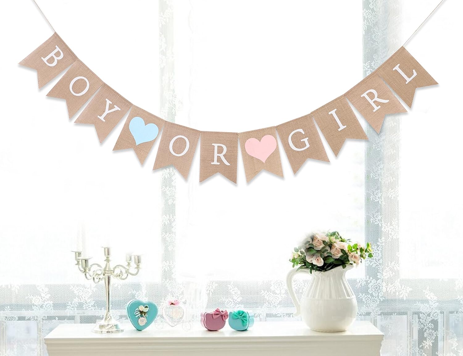 Cartel de arpillera para niño o niña, pancarta de arpillera para baby shower, decoraciones de baby shower, revelación de género, pancarta rústica de