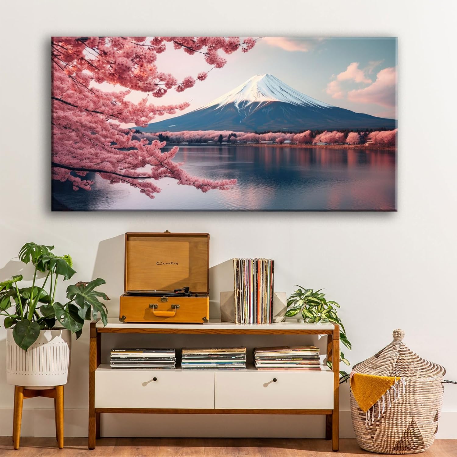 YONICA Arte de pared de montaña para decoración de sala de estar, oficina, paisaje con flores de cerezo rosa y monte Fuji impresión de imagen en