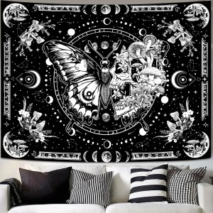 Tapiz de esqueleto y mariposa, diseño de calavera en blanco y negro, diseño de hongos, tapiz estético hippie para colgar en la pared para Tapiz de esqueleto y mariposa, diseño de calavera en blanco y negro, diseño de hongos, tapiz estético hippie para colgar en la pared para