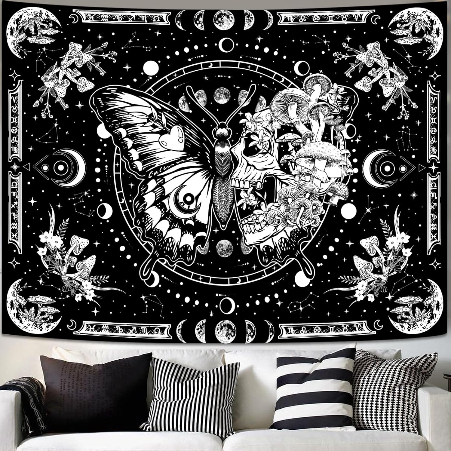 Tapiz de esqueleto y mariposa, diseño de calavera en blanco y negro, diseño de hongos, tapiz estético hippie para colgar en la pared para