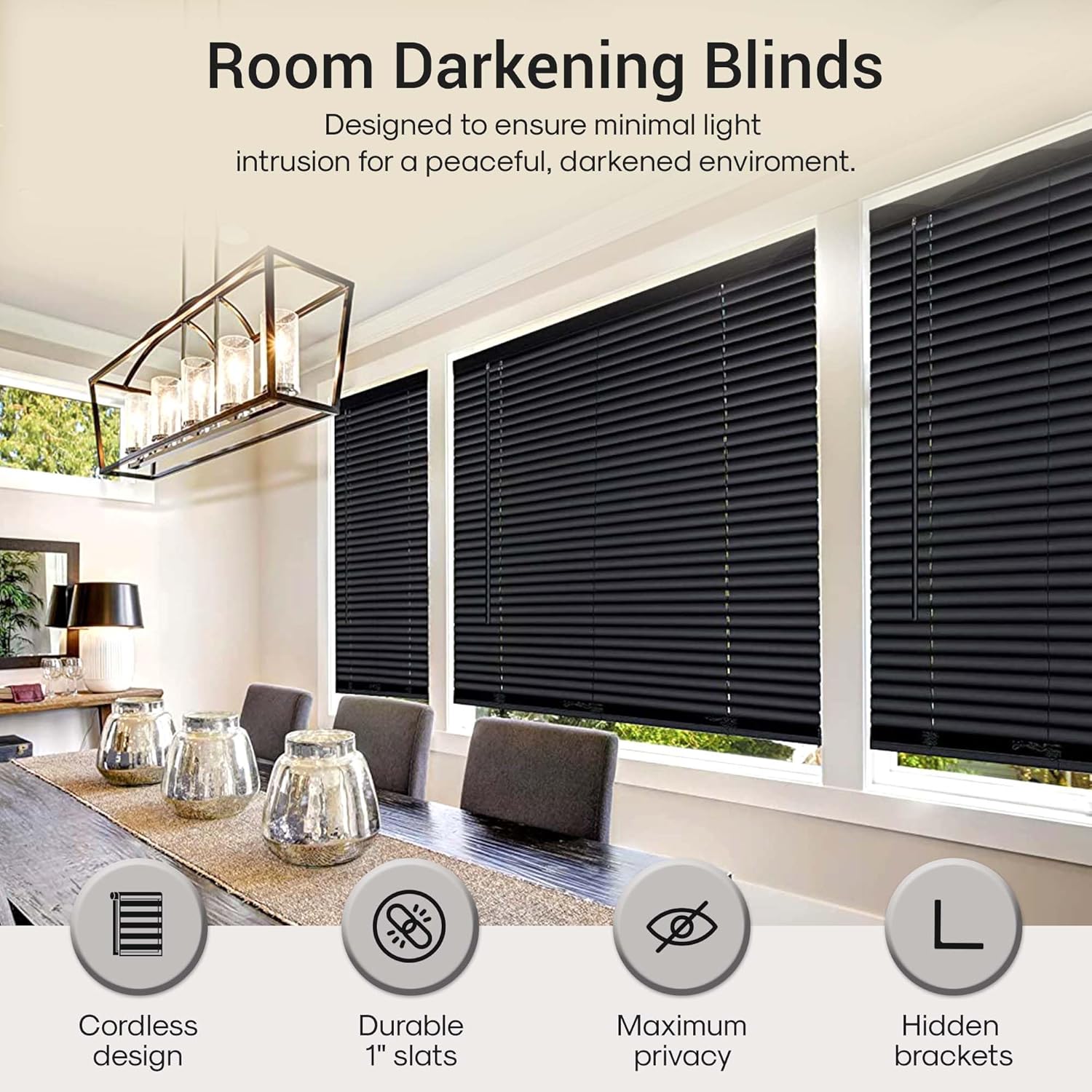 Mini persianas sin cordón para ventana, con listones de 1 pulgada para oscurecer la habitación (negro, 27 x 64 pulgadas)