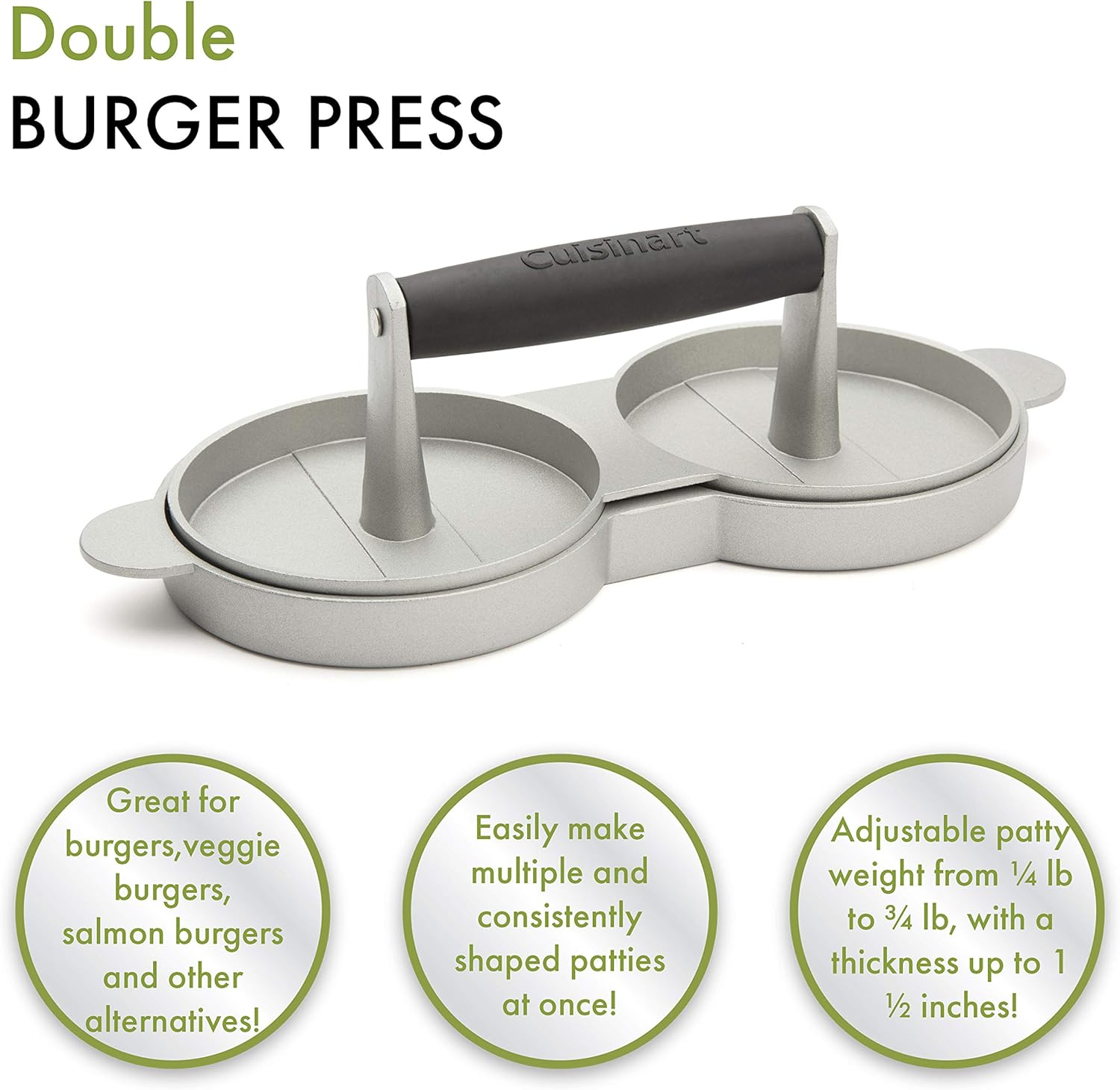Cuisinart CSBP-100 – Prensa para hamburguesas (3 en 1), prensa doble torta