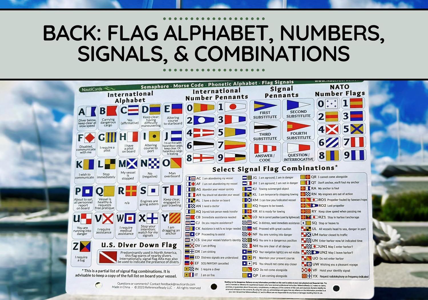 Tabla de referencia rápida de banderas y códigos náuticos, guía de señales de bandera marítima, código morse, alfabeto fonético y semáforo de